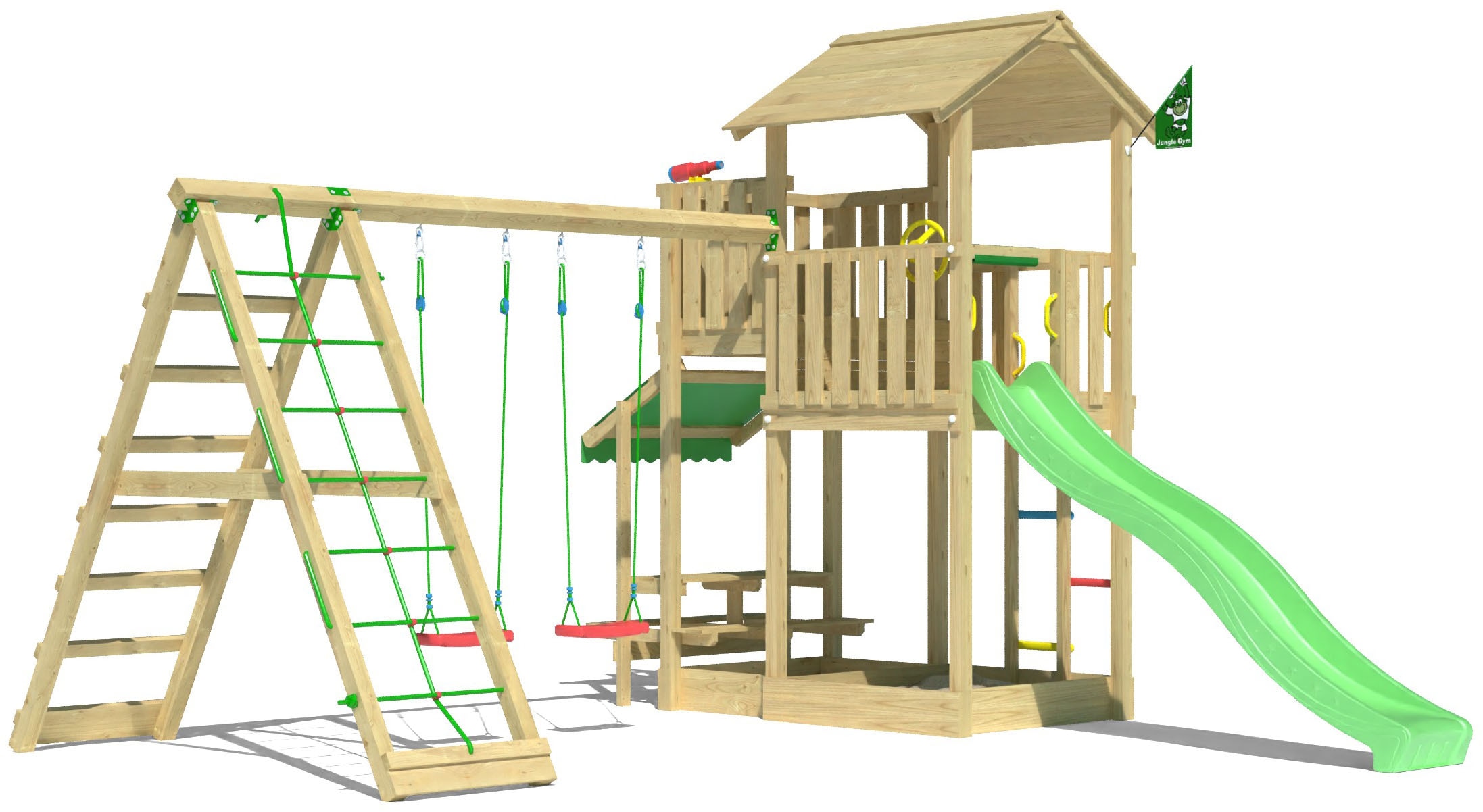JUNGLE GYM Jungen Spielturm "Veranda", grün, Holzwerkstoff, B:454cm H:310cm T:437cm, Spieltürme, Spielanlage mit Schaukel, Kletterbock und Rutsche