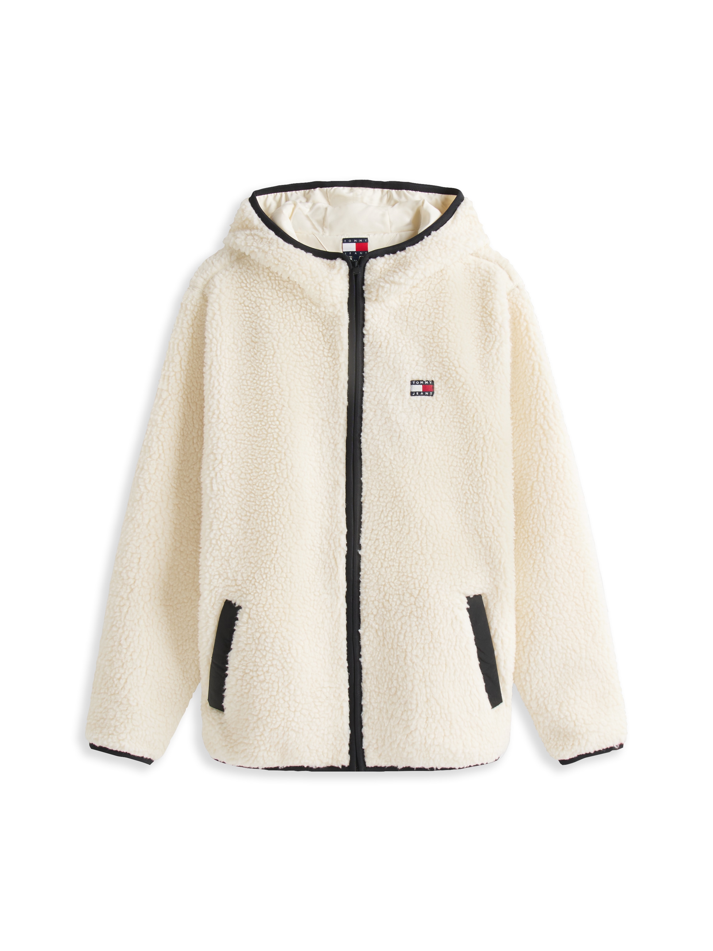 Tommy Jeans Plüschjacke »TJM REG BADGE TEDDY ZIP TRU EXT«, mit Kapuze, mit Logopatch, leicht überschnittene Schultern