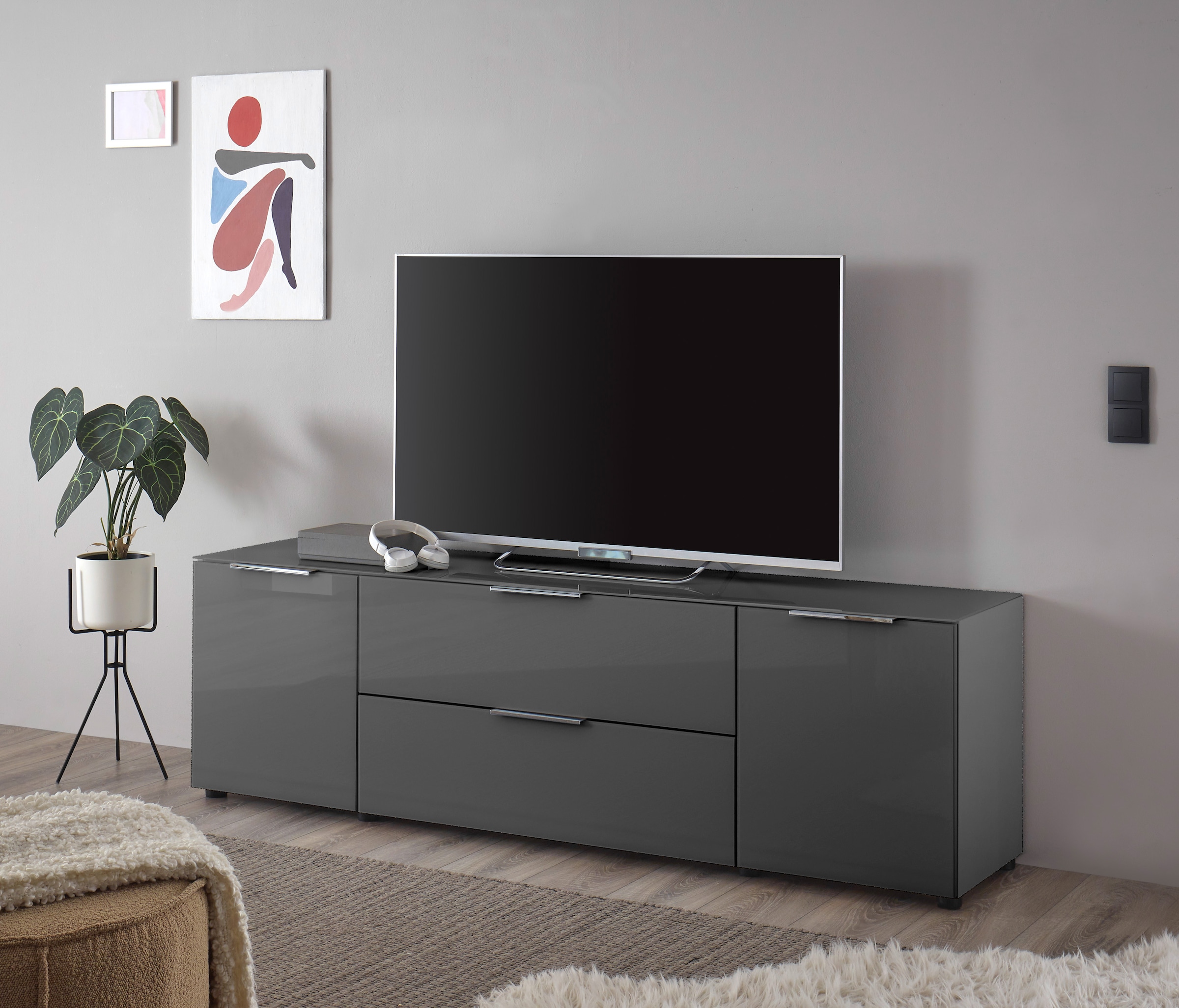 HBZ Lowboard "Santorin TV Möbel bis 65 Zoll, Stellmaß BxHxT 180x55x40 cm", (1 St.), Mit 2 Türen mit Softclose, 1 Schubka