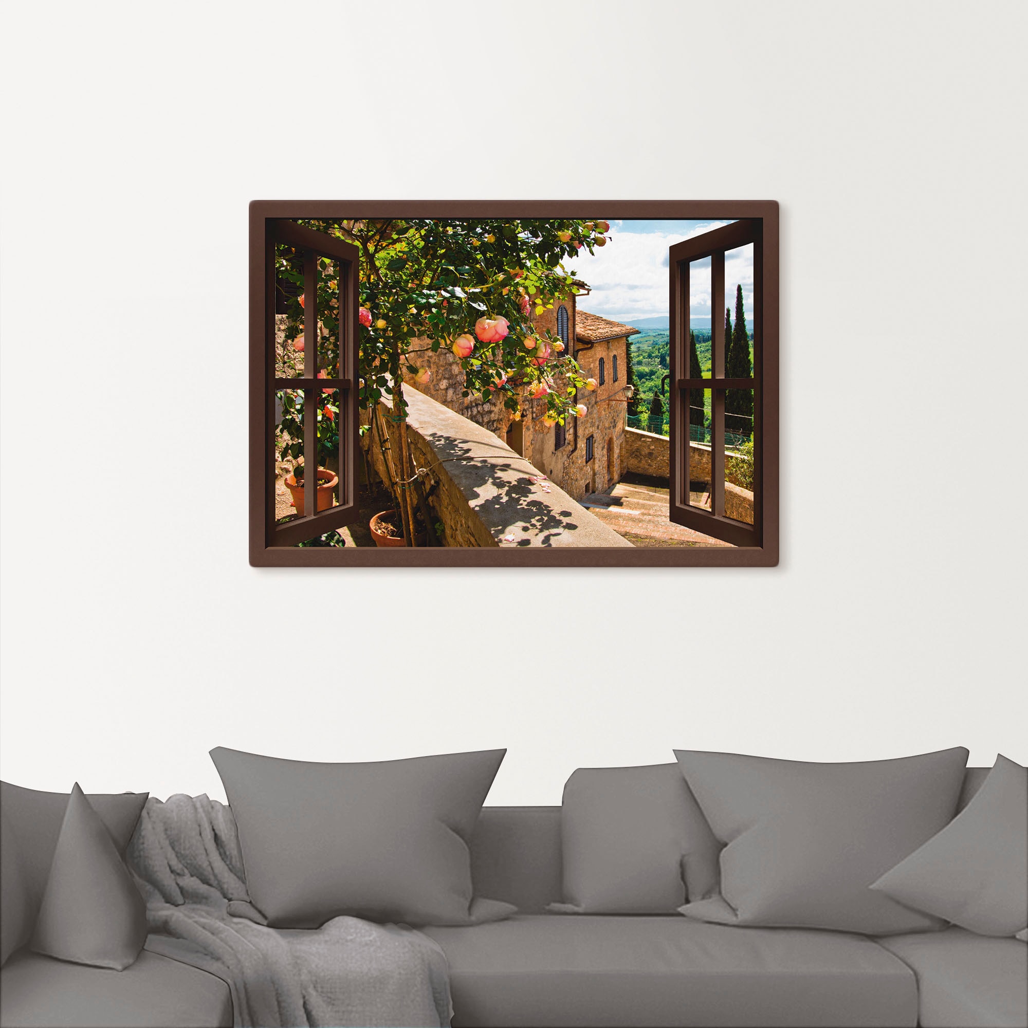 Wandbild ARTLAND "Fensterblick Rosen auf Balkon Toskana", braun (farbe bild(er): braun), B:130cm H:90cm, Bilder, als Leinwandbild, Poster in verschied. Größen