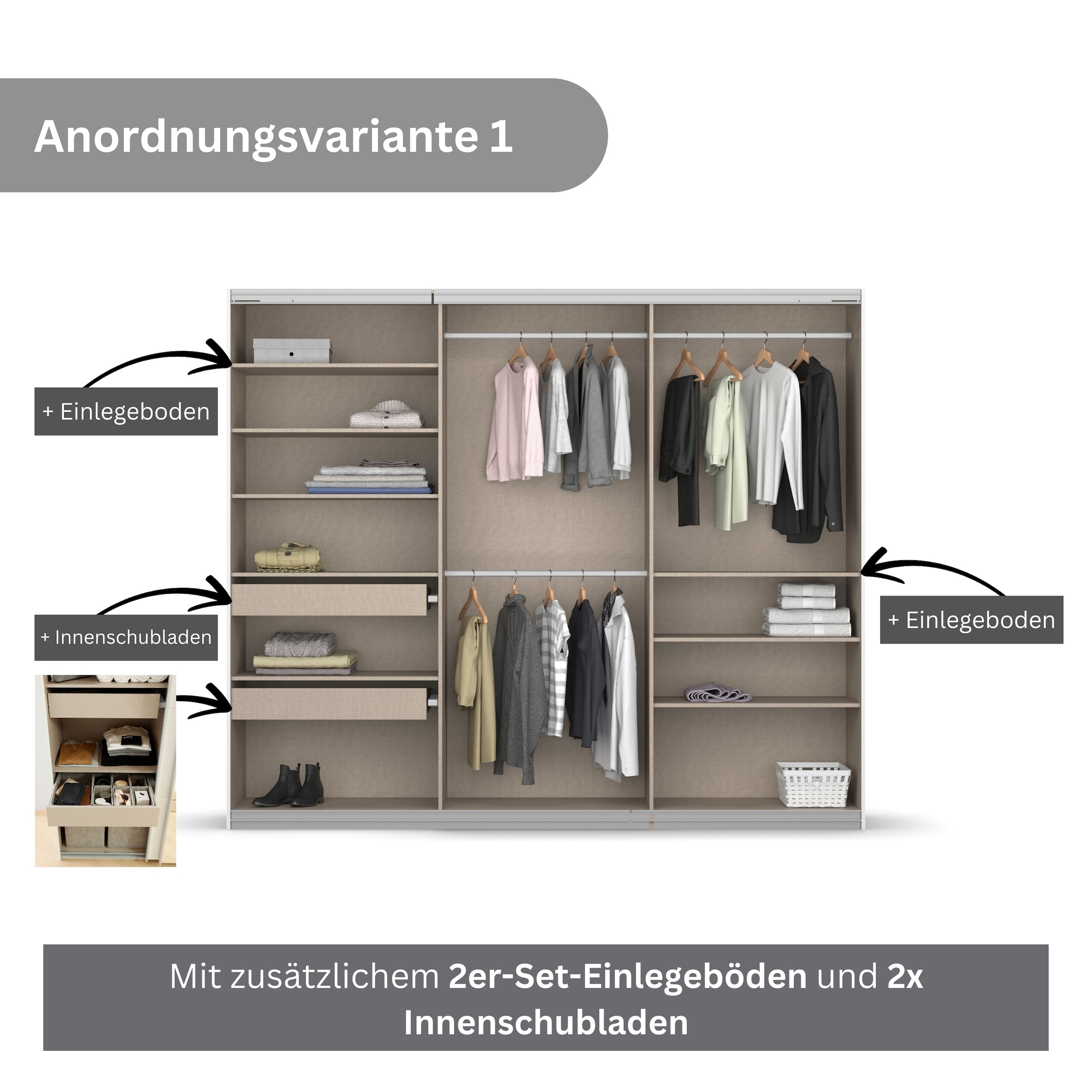 rauch Schwebetürenschrank »Kleiderschrank Schrank Garderobe KOLUNA mit Glastüren und Spiegel«, inkl. 2 Innenschubladen sowie extra Einlegeböden MADE IN GERMANY