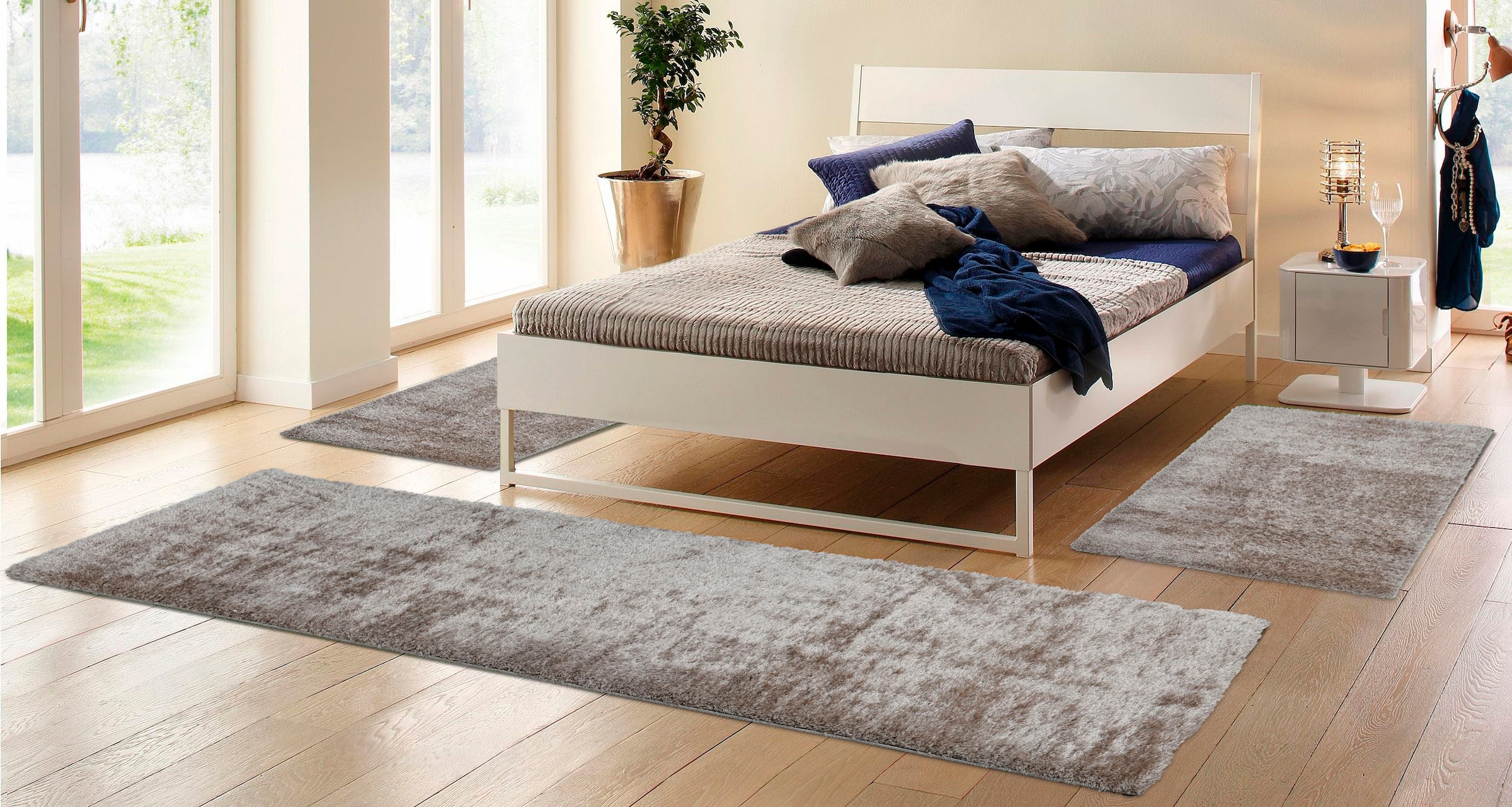 my home Bettumrandung »Malin«, (3 tlg.), Hochflor, Shaggy, Uni-Farben, leichter glanz, Microfaser, Pflegeleicht