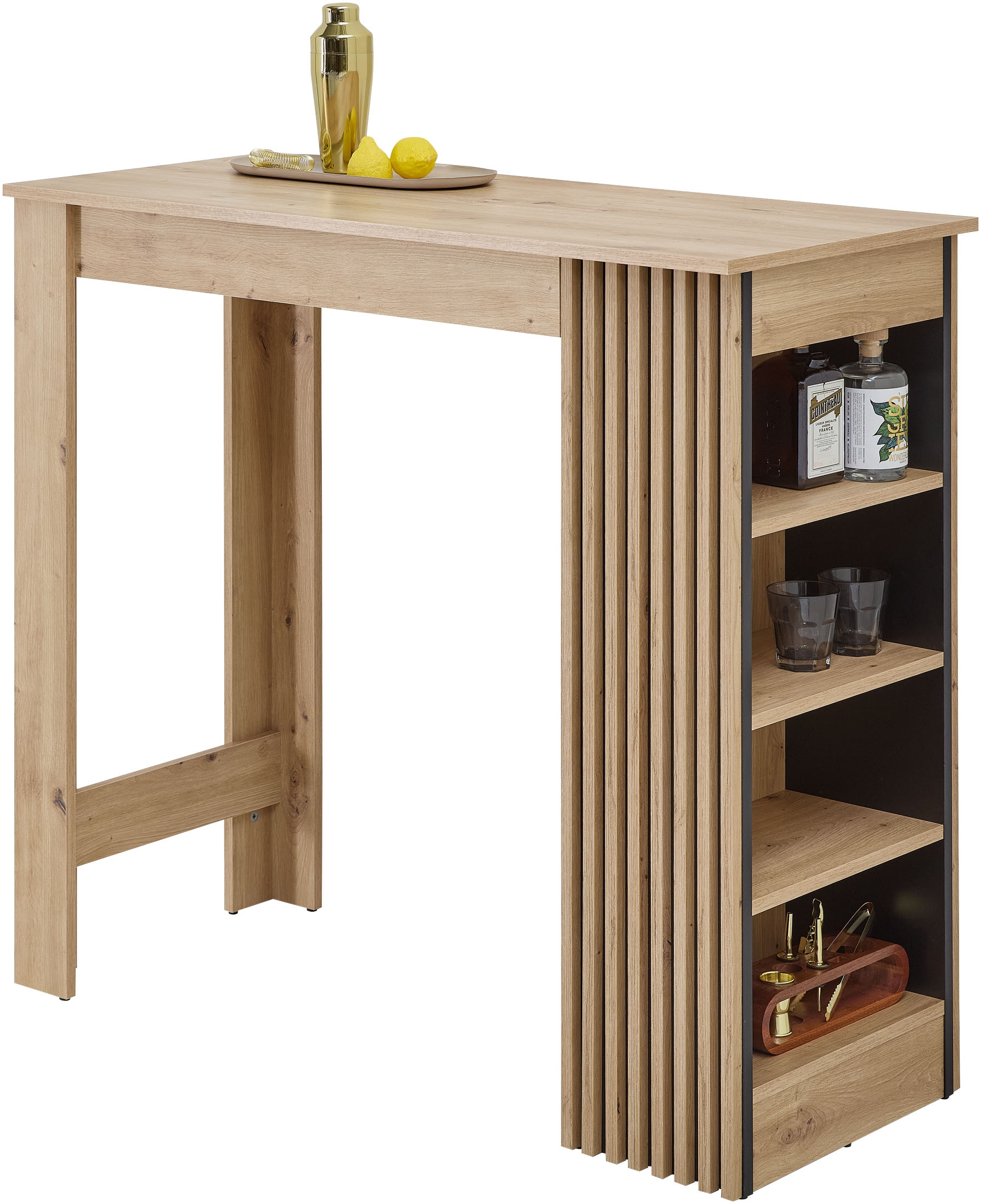 Bartisch STOLKOM, B:115cm H:103cm T:50cm, braun, Küche, Tische, "Mojito B/H/T 115x103x50 cm", Beidseitig montierbar, 4 offene Fächer