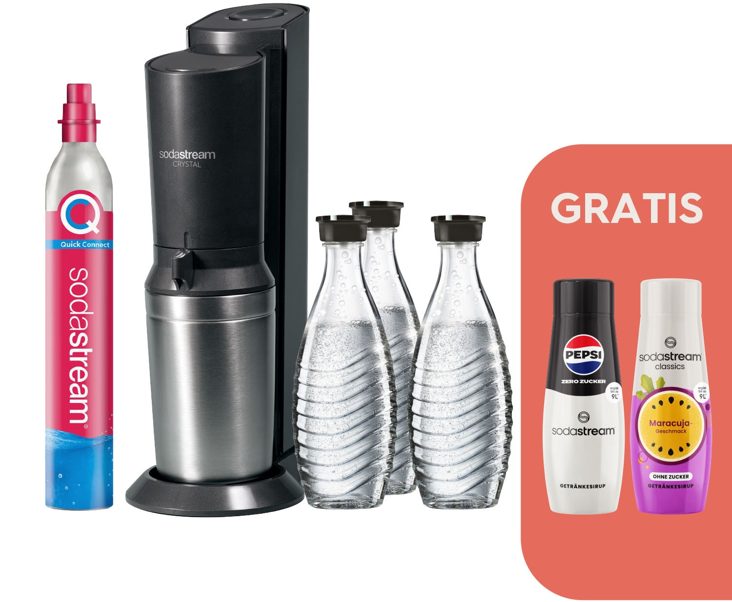 SodaStream Wassersprudler "SodaStream CRYSTAL 3.0 mit 3 Glaskaraffen, 1 CO2-Zylinder und 2 Sirups", (Sirups: 1x Pepsi Ze