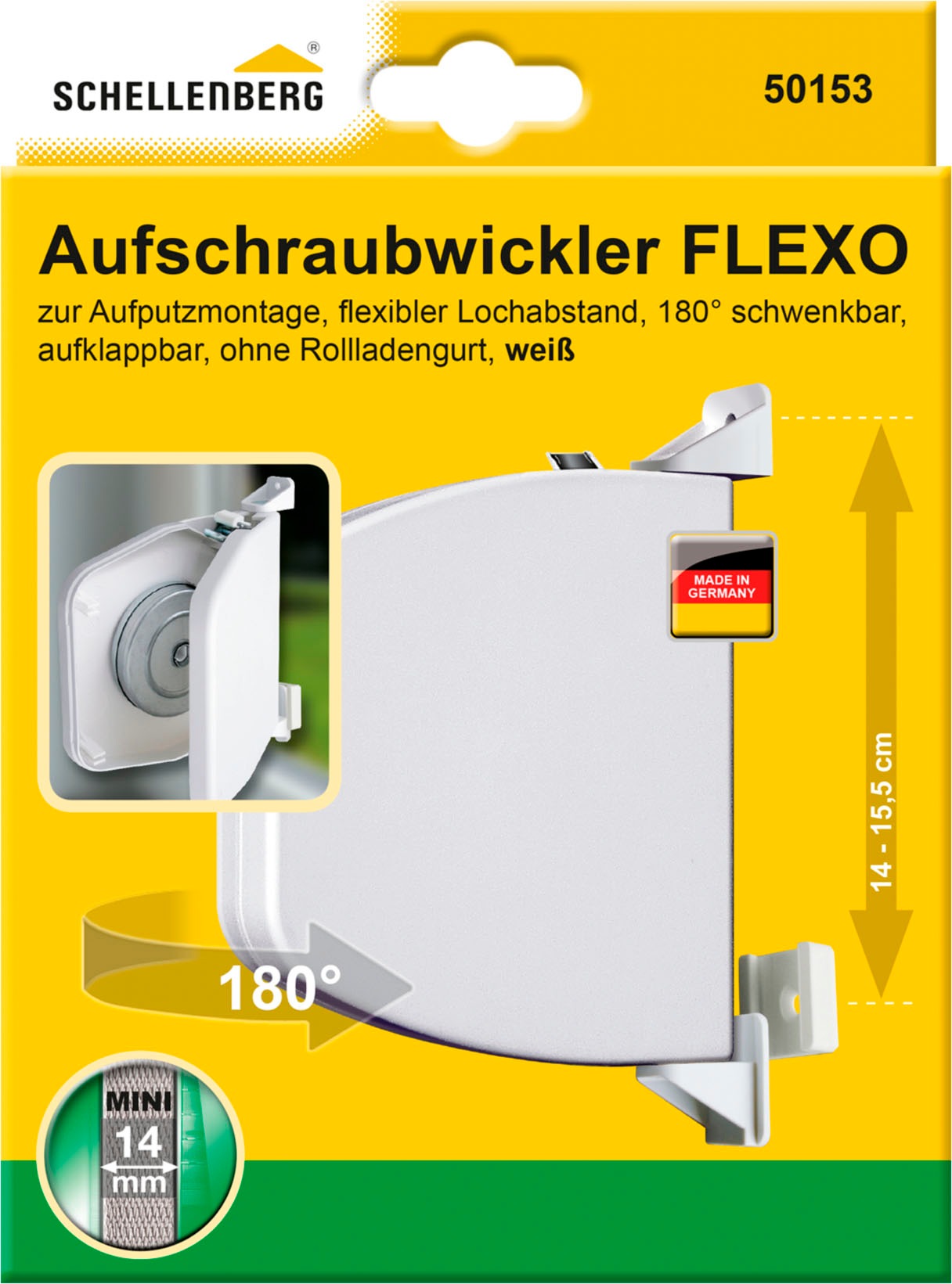 SCHELLENBERG Aufputz-Gurtwickler "Aufschraubwickler Flexo Mini", 1 Stk., weiß, Gurtwickler, aufklappbar und höhenverstellbar, 180 schwenkbar