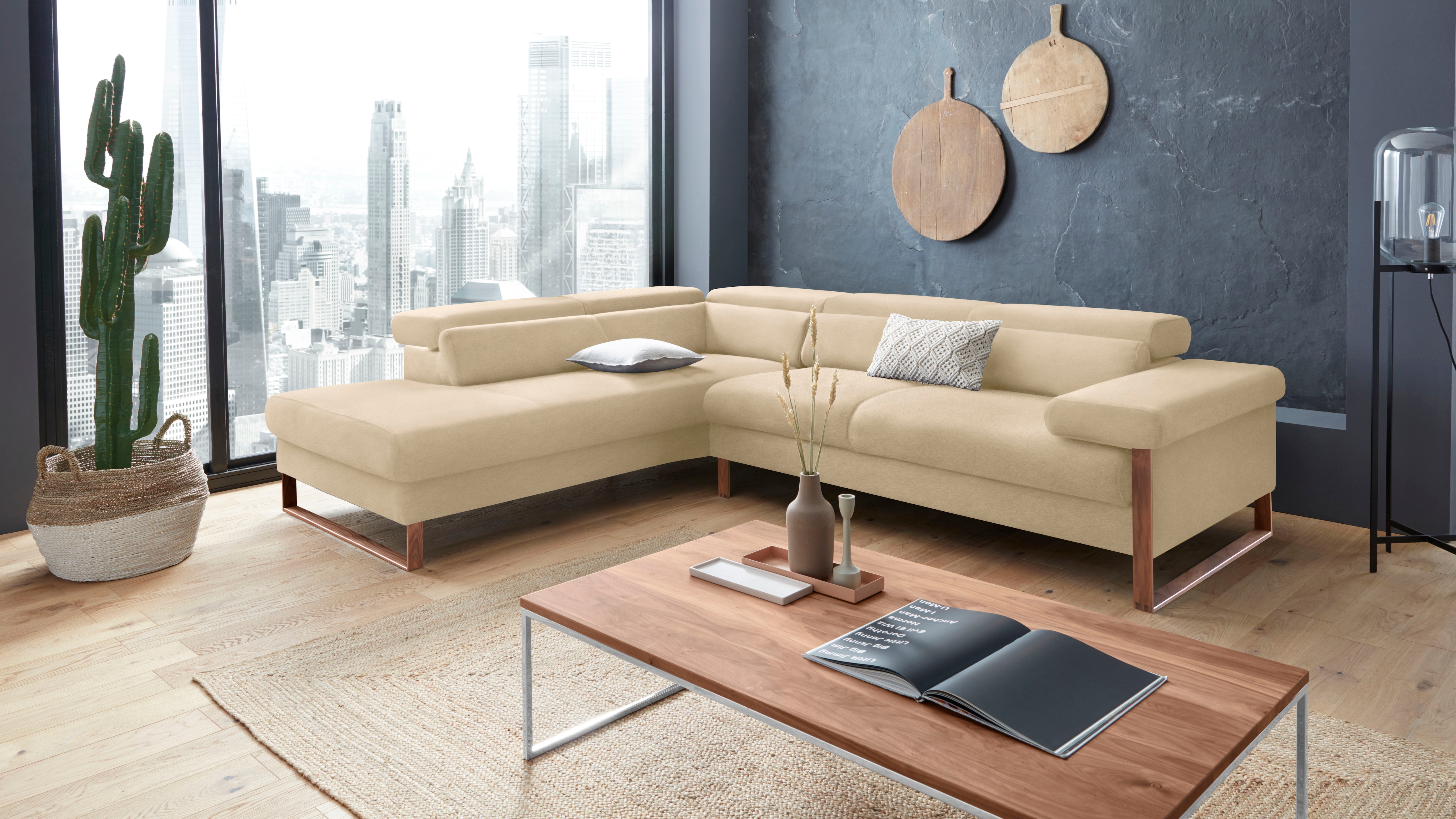 W.SCHILLIG Ecksofa "finn, Designsofa mit tollem Sitzkomfort, bequem, L-Form" German Design Award 2016, Fußgestell Nussbaum natur, Breite 281 cm