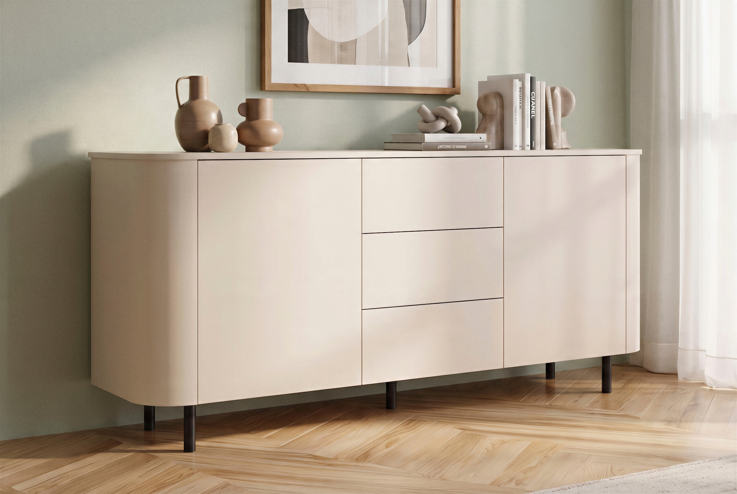 OTTO home Sideboard "Lido, 181 cm breit, 2 Türen, 3 Schubkästen, Kommode, Stauraumschrank" Formgebogenes MDF, Stirnseiten mit Rundung, Push-to-open, Metallfüße