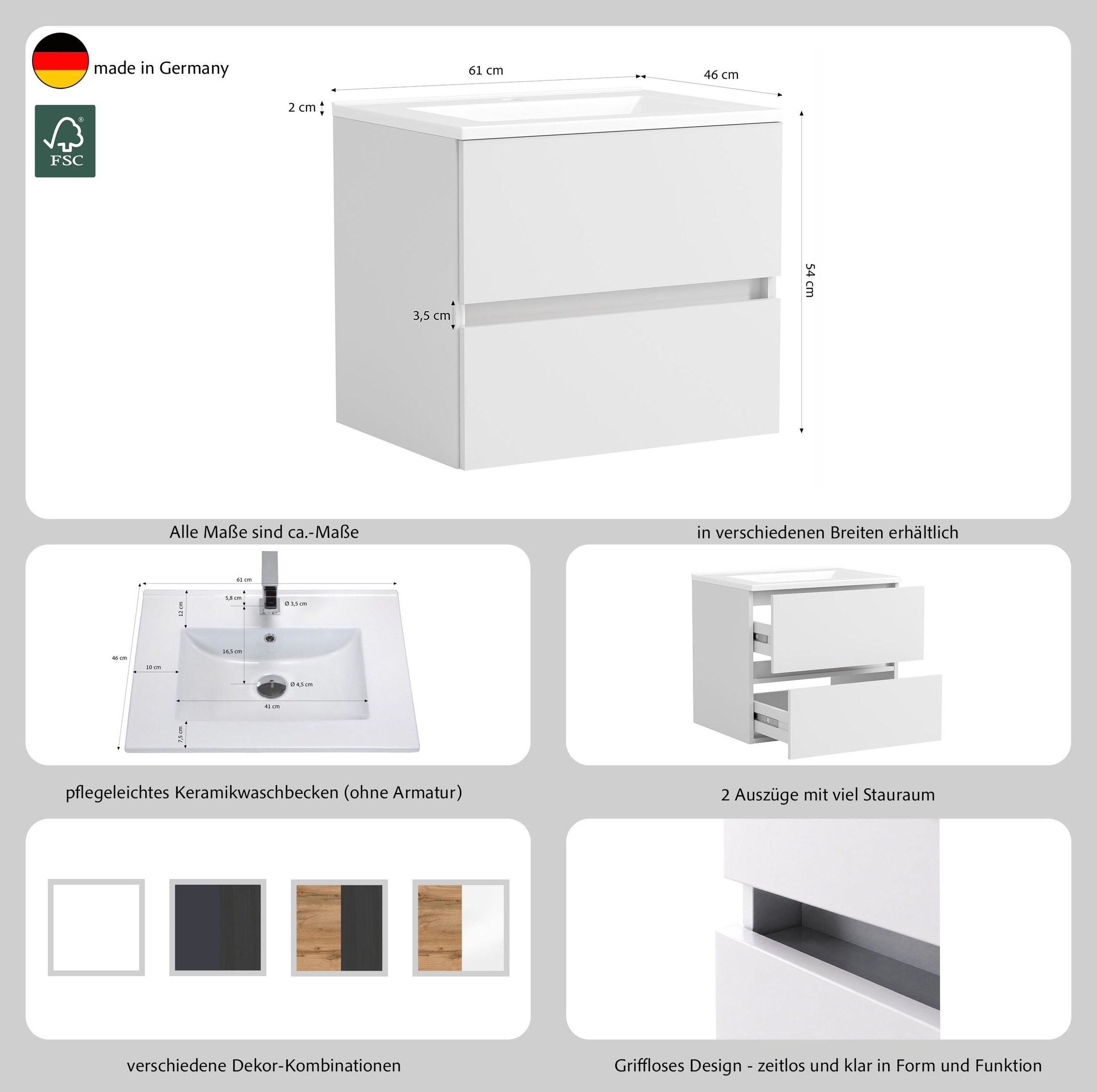 OTTO home Waschtisch »TRENTO, 2 Auszüge inklusive Becken und Montagematerial« Maße (B/H/T): ca. 60/52/45 cm, Badmöbel, Waschtisch, Stauraum, modern