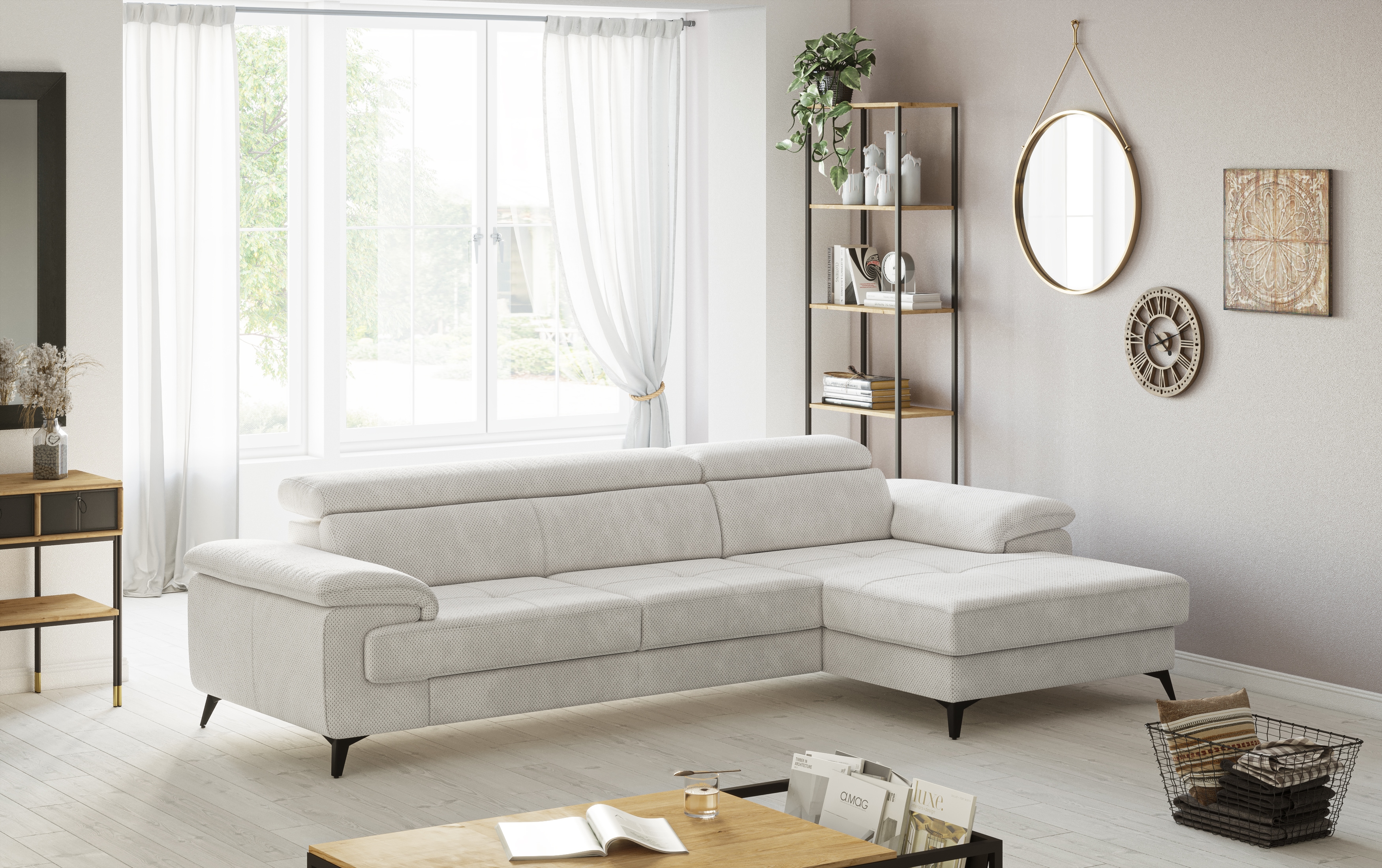 OTTO home Ecksofa "Astra L-Form, B: 300 cm, inkl. Kopfteilverstellung" opt. Schlaffunktion + XL-Bettkasten, LF:222x124cm, Wellenunterfederung