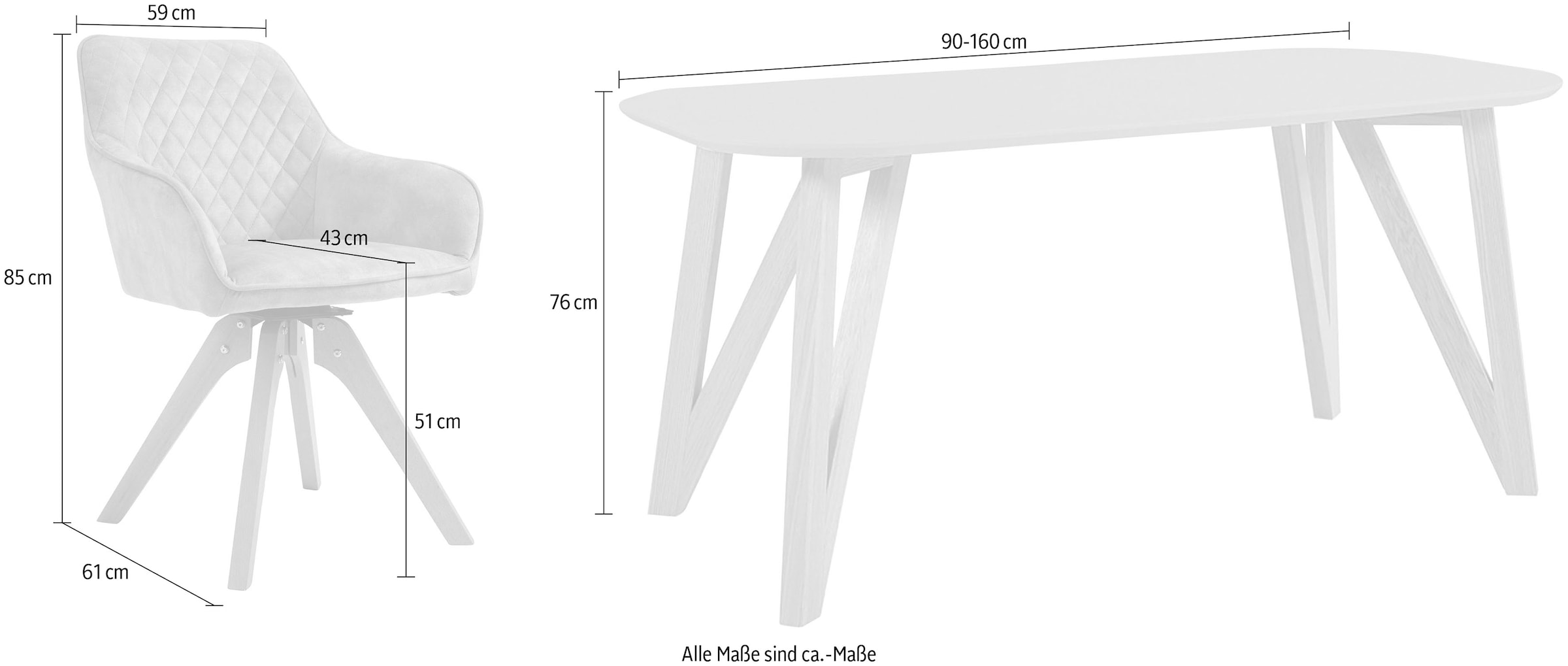 SalesFever Essgruppe, (5-tlg.), Tischbreite 160 cm, Stühle 180° drehbar, mit Samtverlours