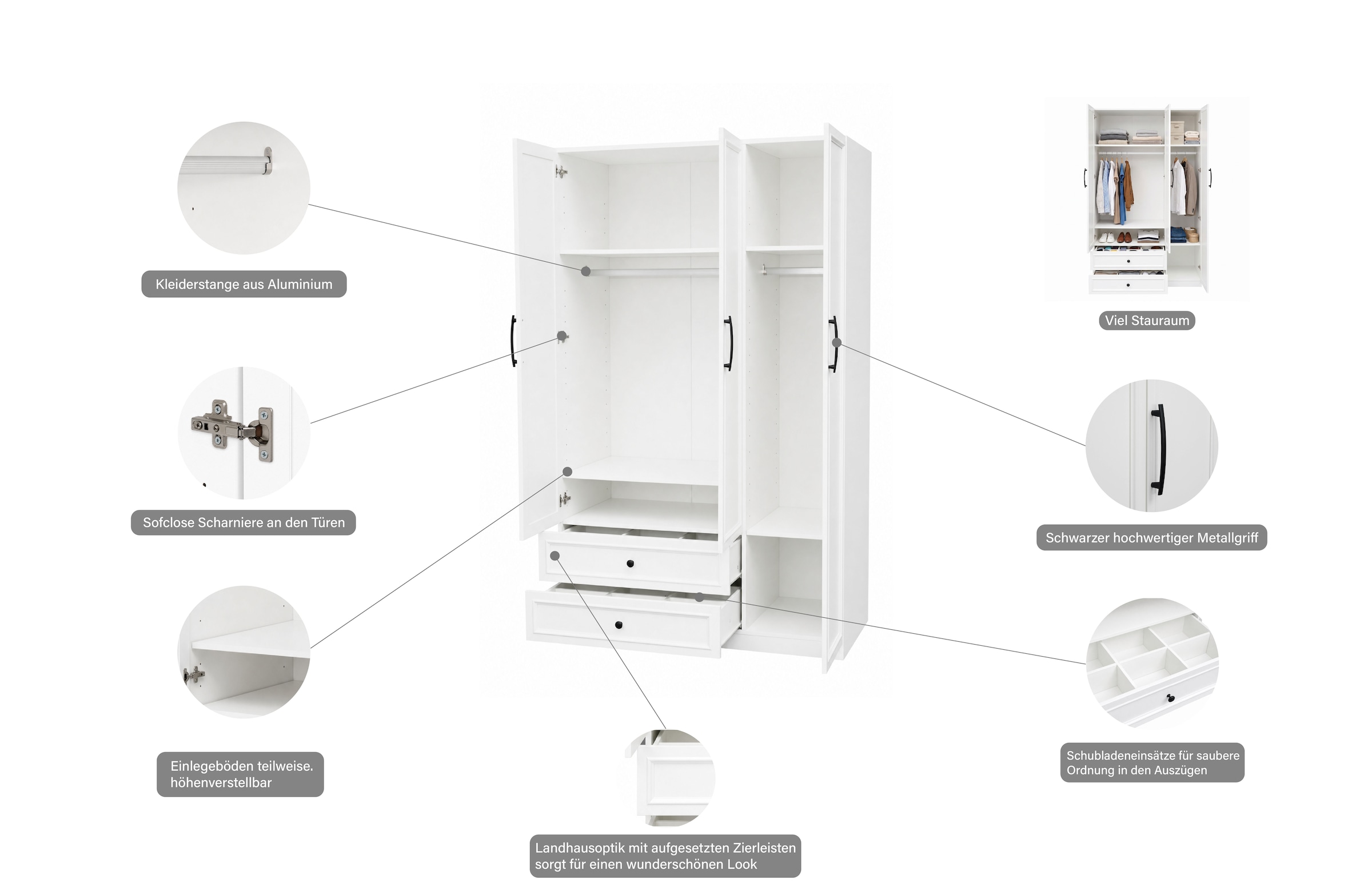 OTTO home Kleiderschrank »Arrian 120 cm Weiß | 3-türiger Drehtürenschrank im Landhausstil« Zeitloses Landhausdesign trifft auf durchdachte Stauraumlösungen