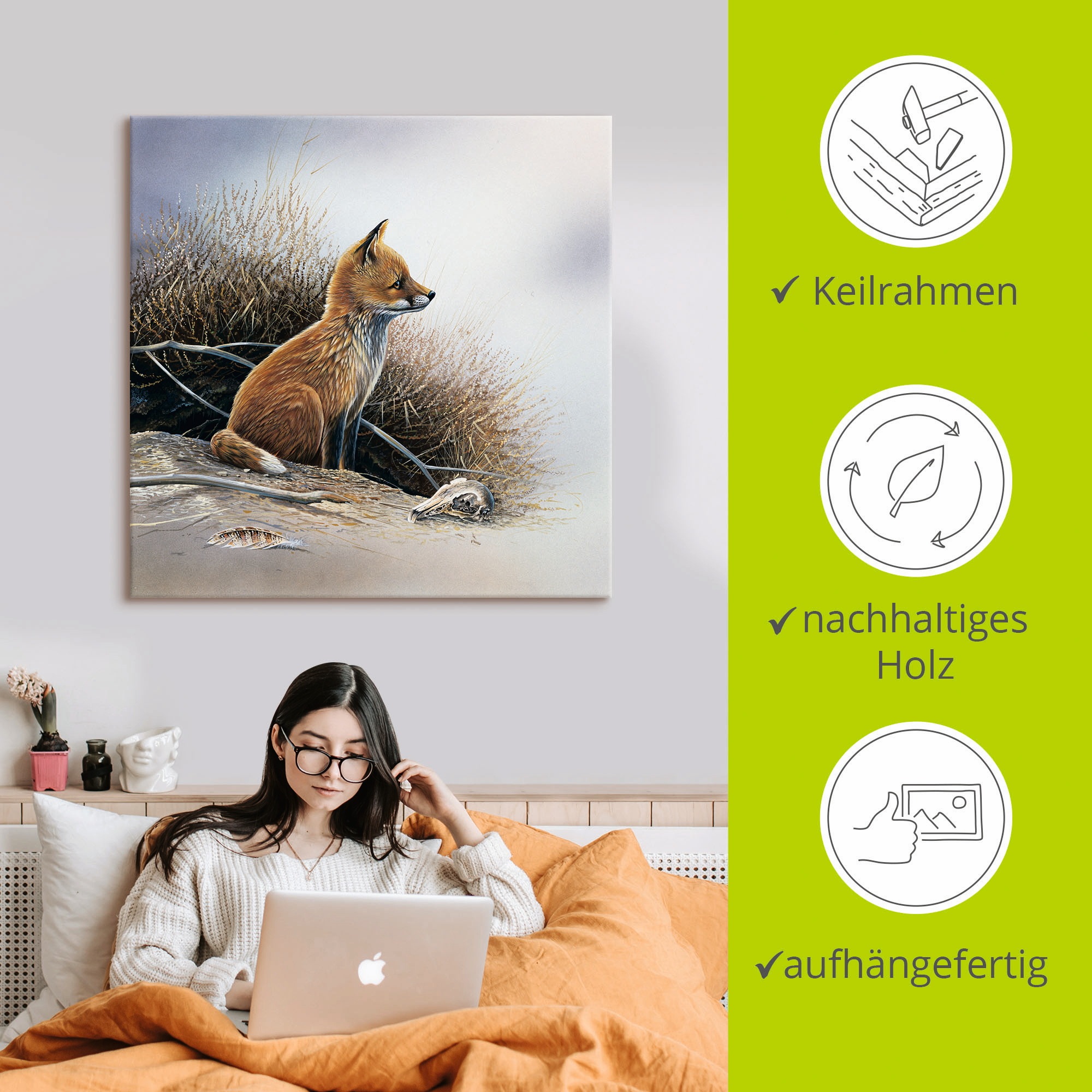 Artland Leinwandbild »Kleiner Fuchs« Wildtiere 1 Stk. tlg. auf Holzrahmen gespannt
