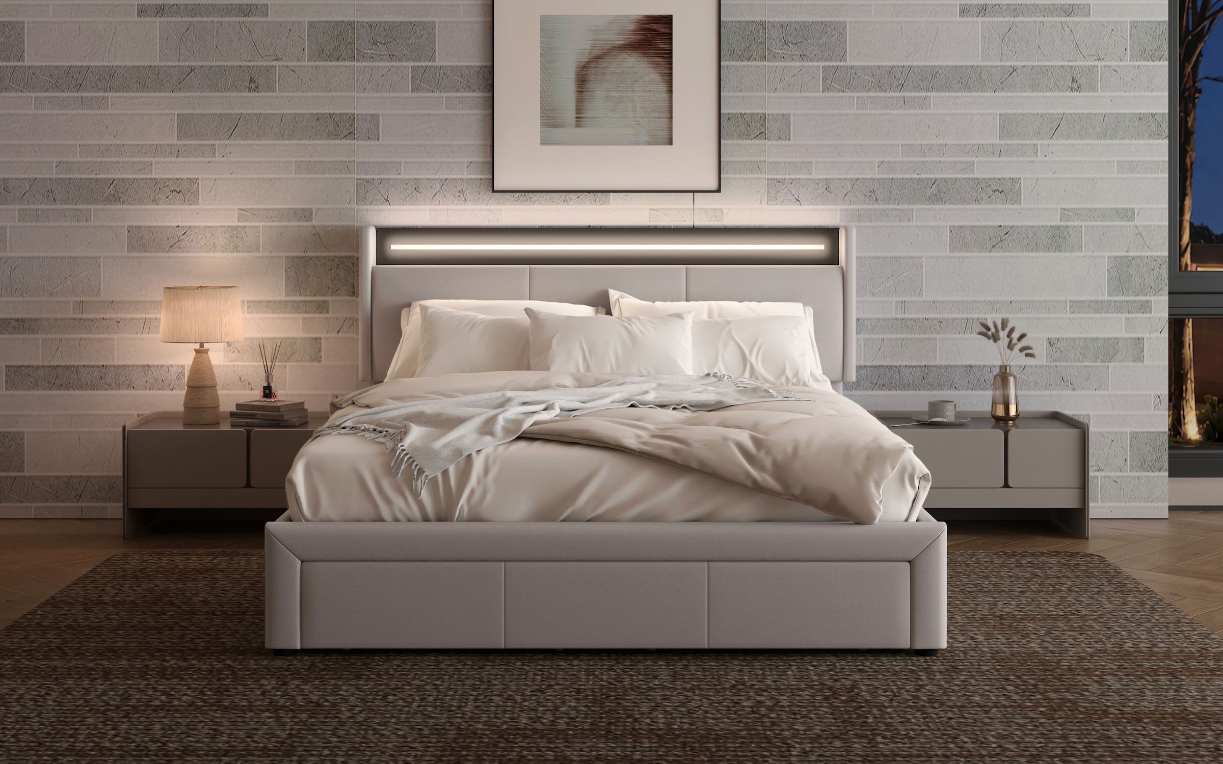 OTTO home Polsterbett »HERMELY, LED-Stauraumbett mit Lattenrost & Schubladen, Strukturstoff« Liegefläche 140x200cm / 160x200cm / 180x200cm