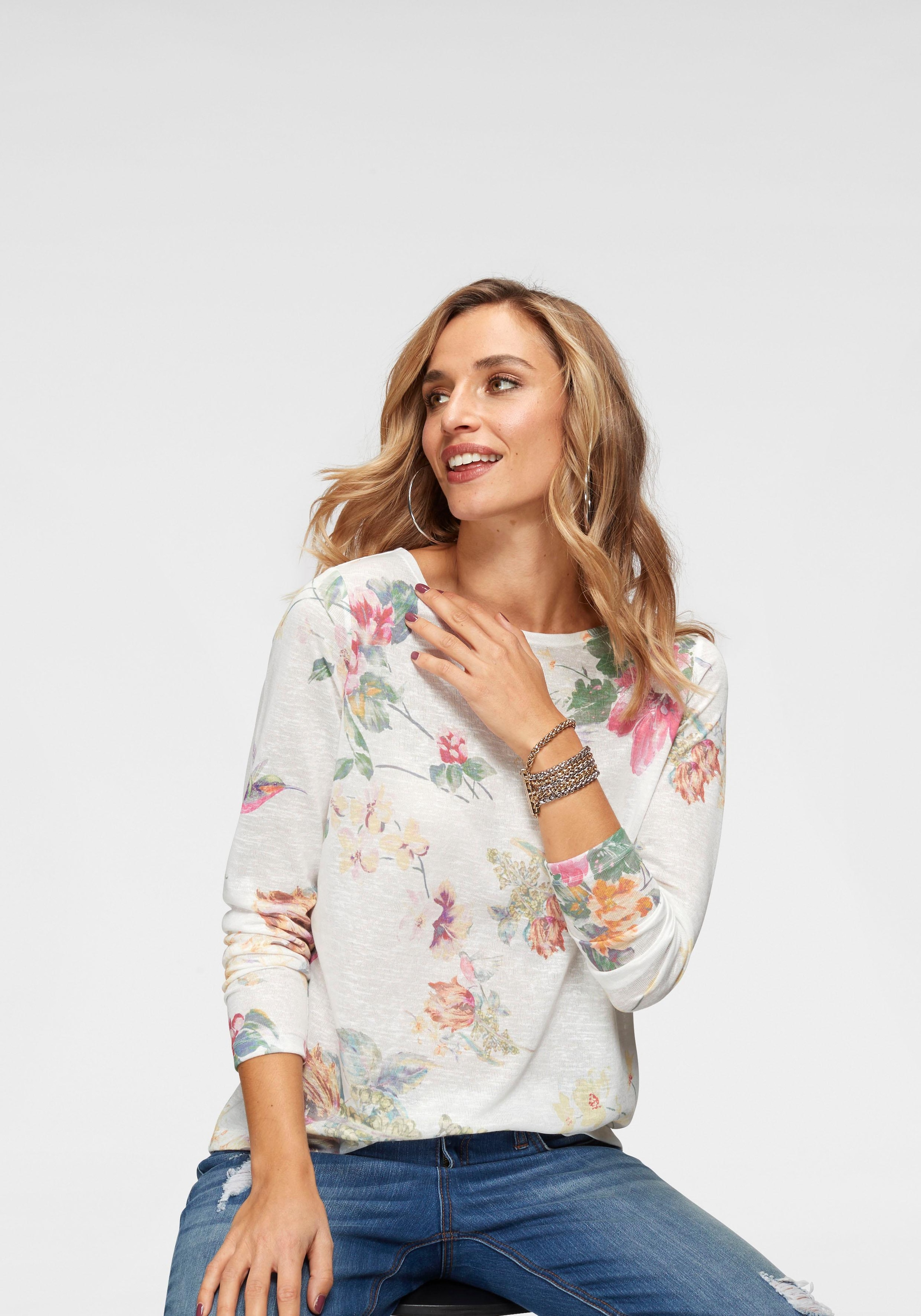 Aniston CASUAL Langarmshirt, mit großflächigem Blumendruck und Vögeln für  bestellen | BAUR