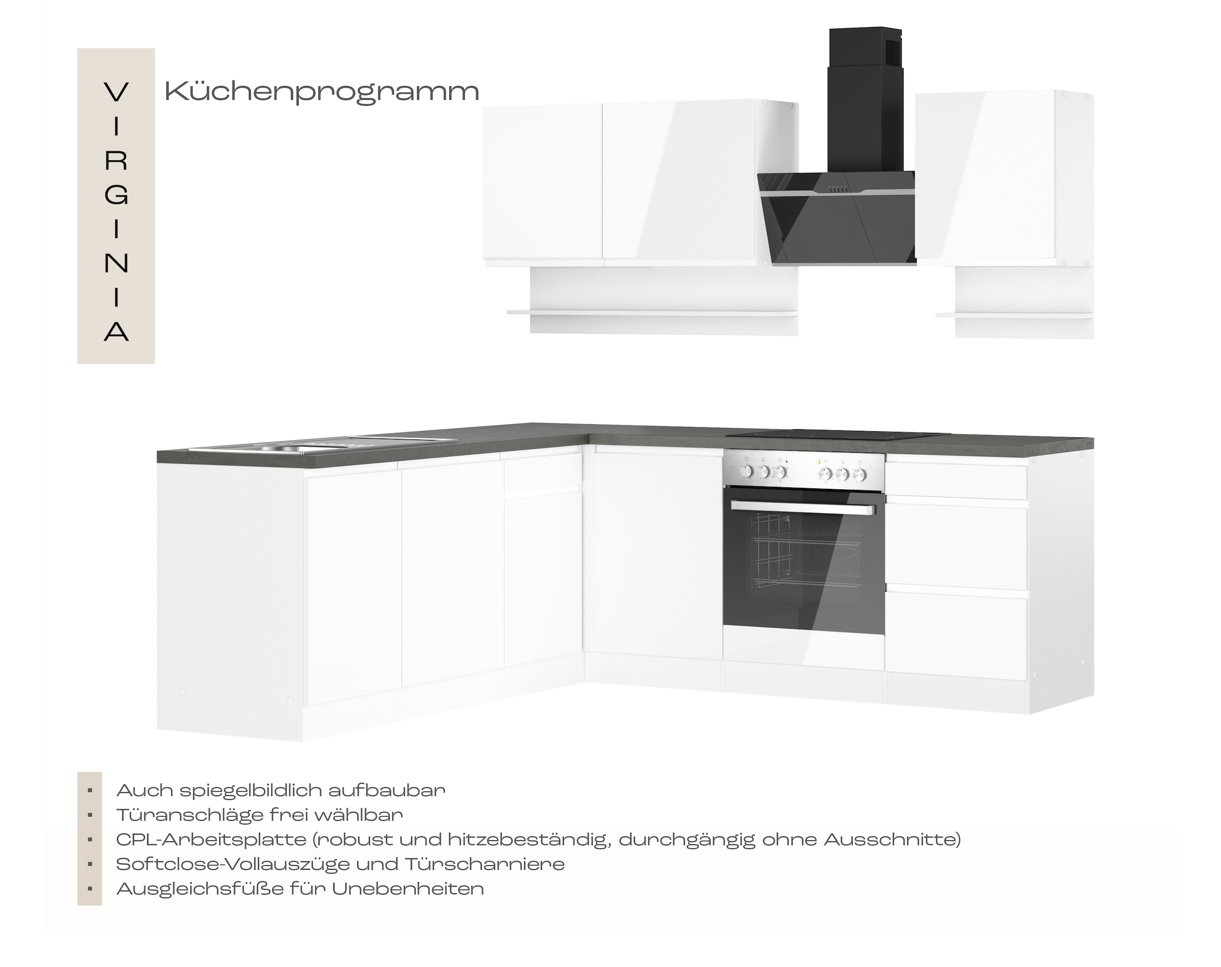KOCHSTATION Winkelküche »KS-Virginia,neu in verbesserter Ausführung« Arbeitsplatte 38 mm stark, Stauraum, Softclose,  Stellbreite 220/220 cm, Soft-Close,wahlweise mit E-Geräten