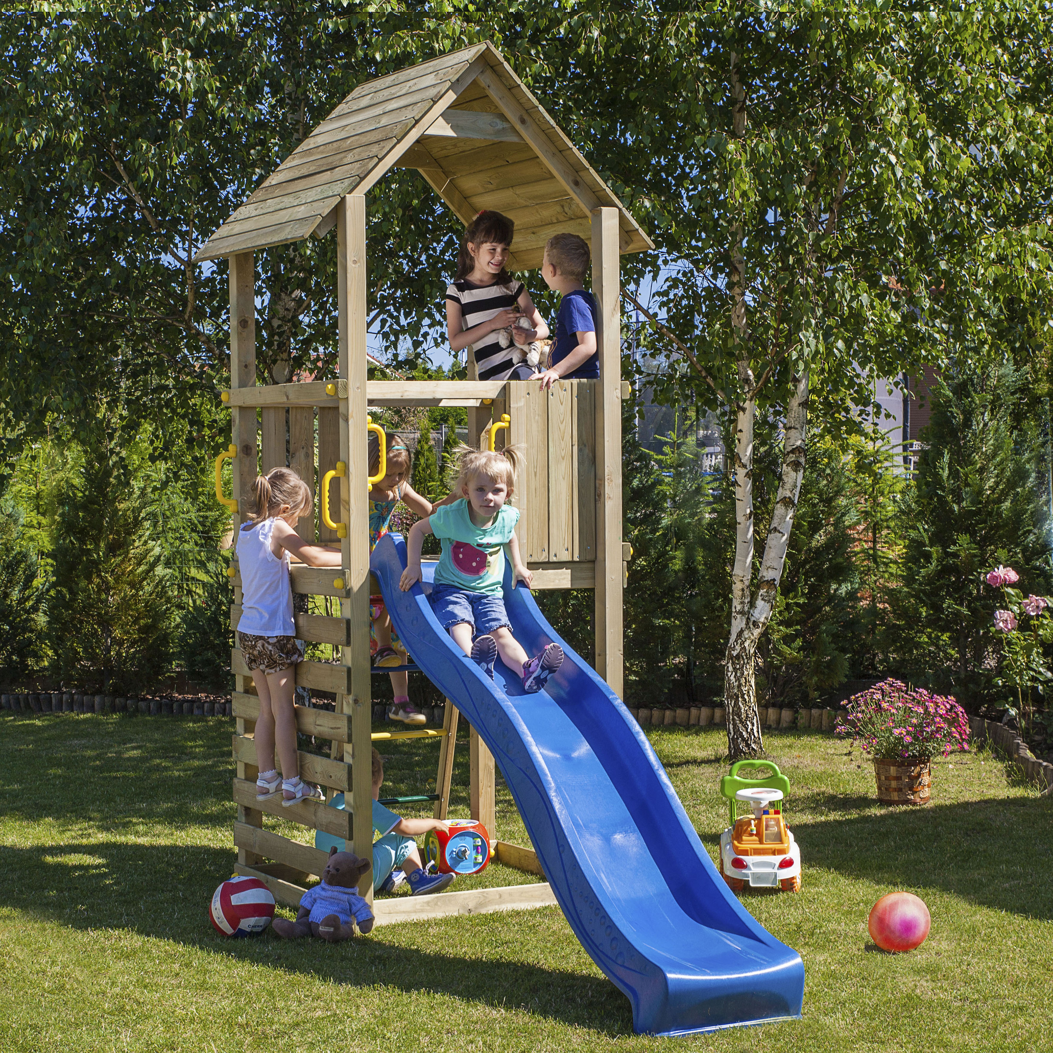 FUNGOO Jungen Spielturm "CAROL 1", braun, Holz, Metall, Polyethylen, B:121cm H:282cm T:310cm, Spieltürme, mit Rutsche & Kletterwand, FSC - schützt