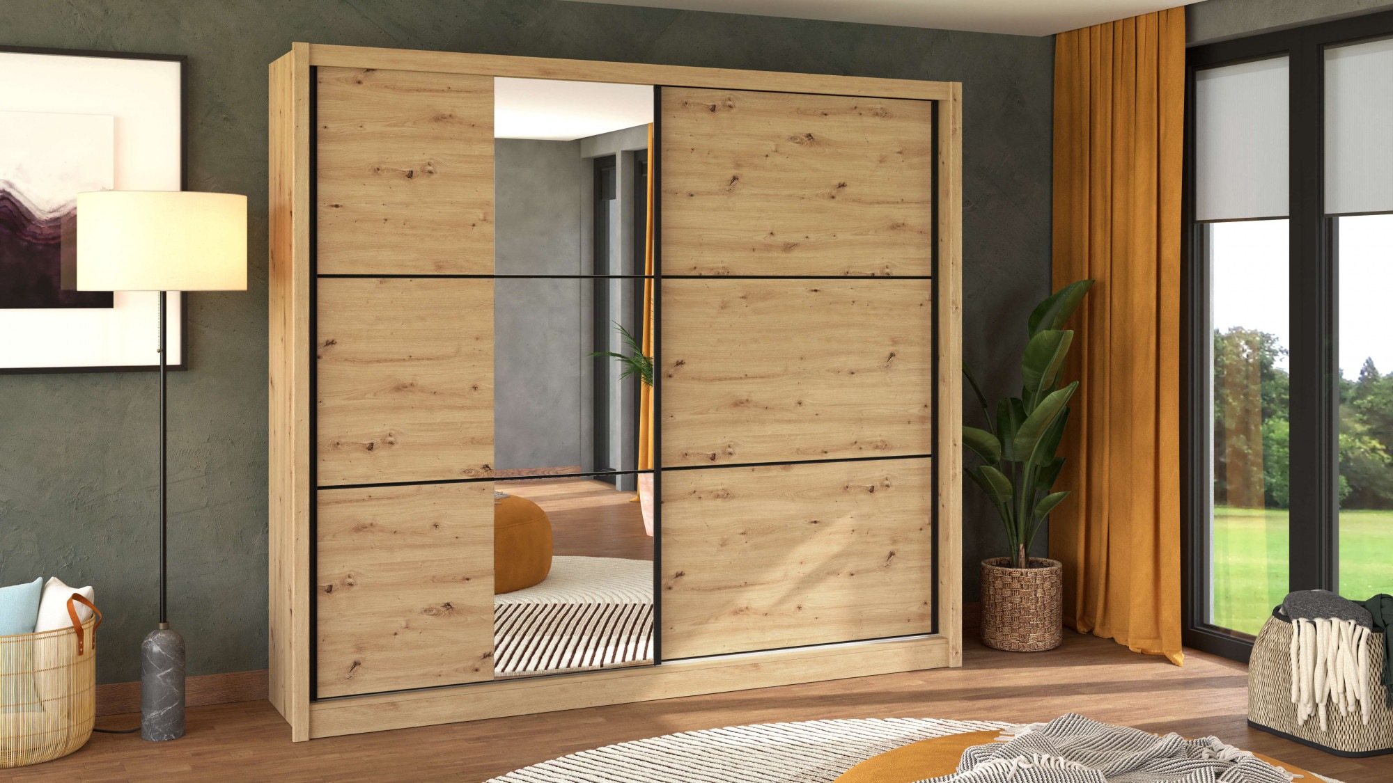 Home affaire Schwebetürenschrank "Navara Kleiderschrank mit Spiegel Wäscheschrank Garderobe" Kleiderschrank mit Spiegel, FSC-zertifiziert, 242,5x215,5x61cm