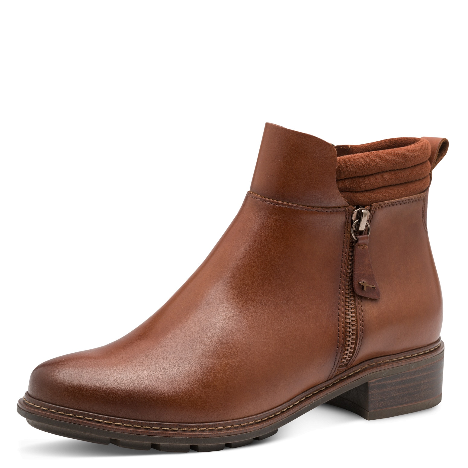 Stiefelette TAMARIS, Damen, Gr. 37, cognac, Leder, Textil, Schuhe Stiefelette, Blockabsatz, RV-Boots mit wattierter Schaftrand-Polsterung