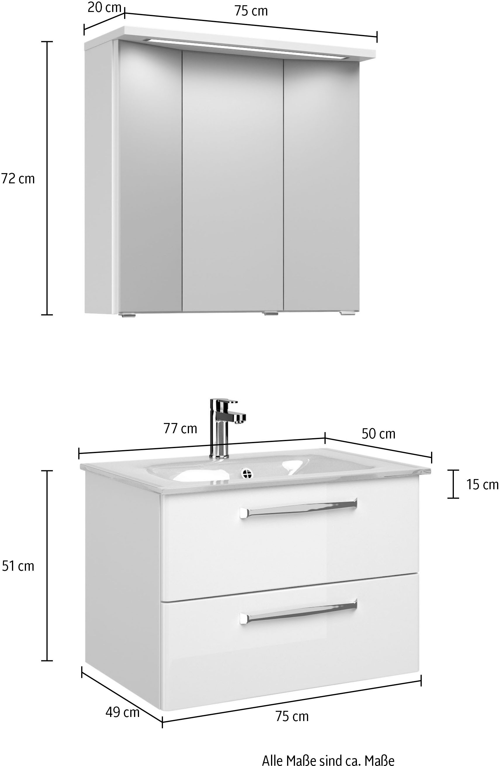 Saphir Badmöbel-Set »Trentino 2-teilig Glas-Waschtisch mit LED-Spiegelschrank«, (3 St.), Badmöbel-Set 77cm breit, inkl. Türdämpfer, 3 Türen, 2 Auszügen