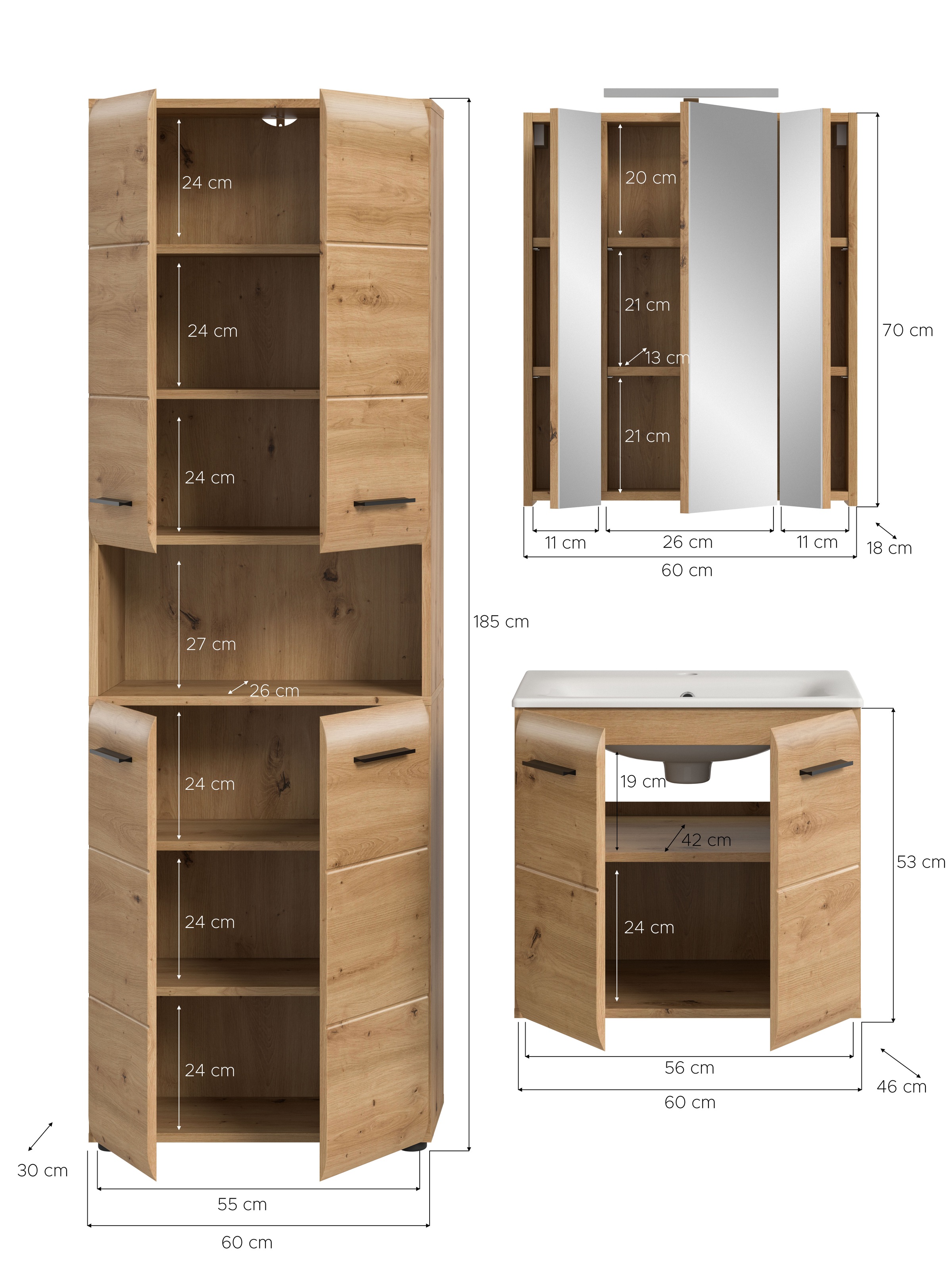 INOSIGN Badezimmer-Set, (Set, 5 St.), Florenz, Badkombination 5-tlg,Artisan Oak NB. inkl. Waschbecken+Bel.
