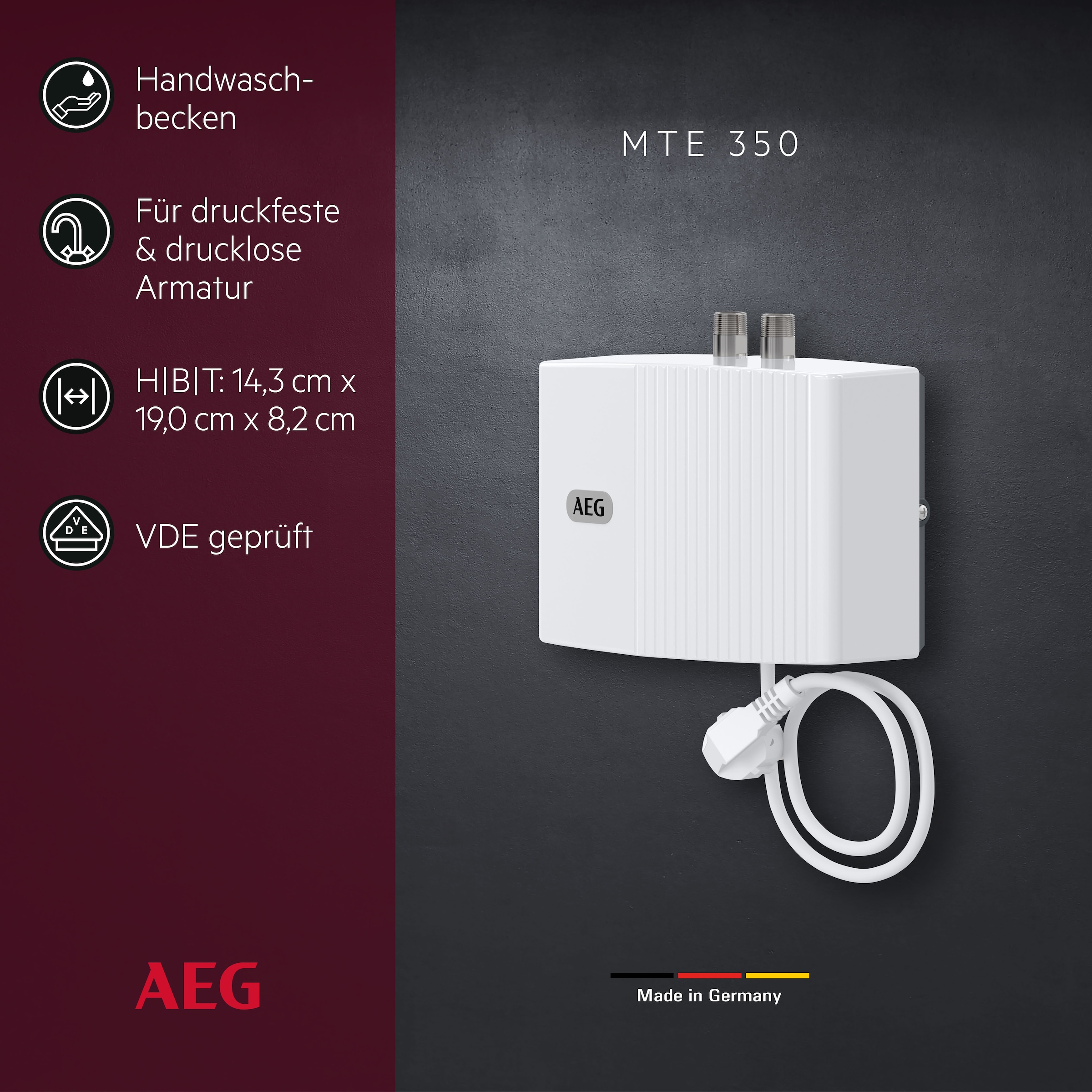 AEG Haustechnik Klein-Durchlauferhitzer »MTE 350 f. Handwaschbecken, 3,5 kW, m. Stecker« 230V, elektronisch, druckfest + drucklos