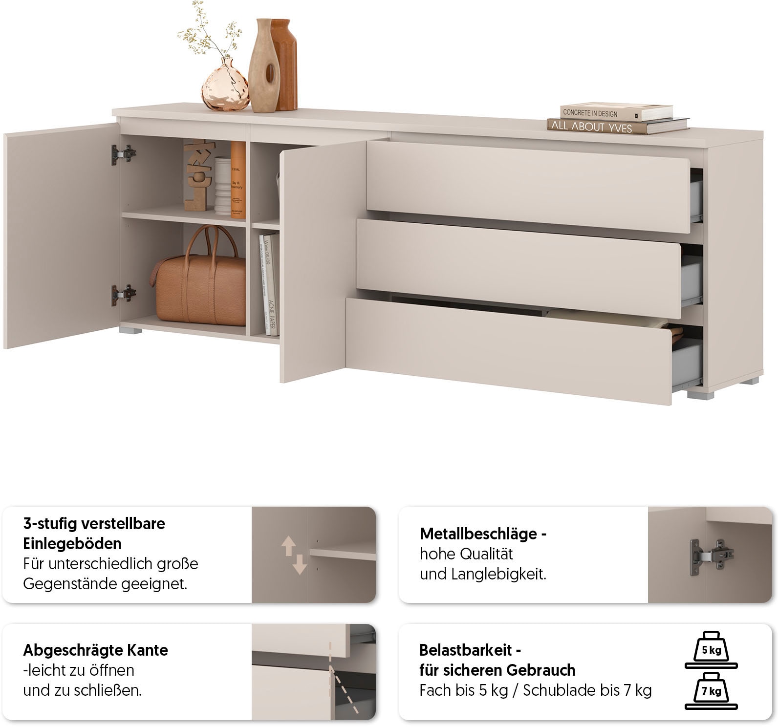 OTTO home Sideboard »Modo, Breite 200 cm, moderne grifflose Kommode 2Türen/3 SK« Schubladenkommode mit viel Stauraum, Einlegeböden verstellbar