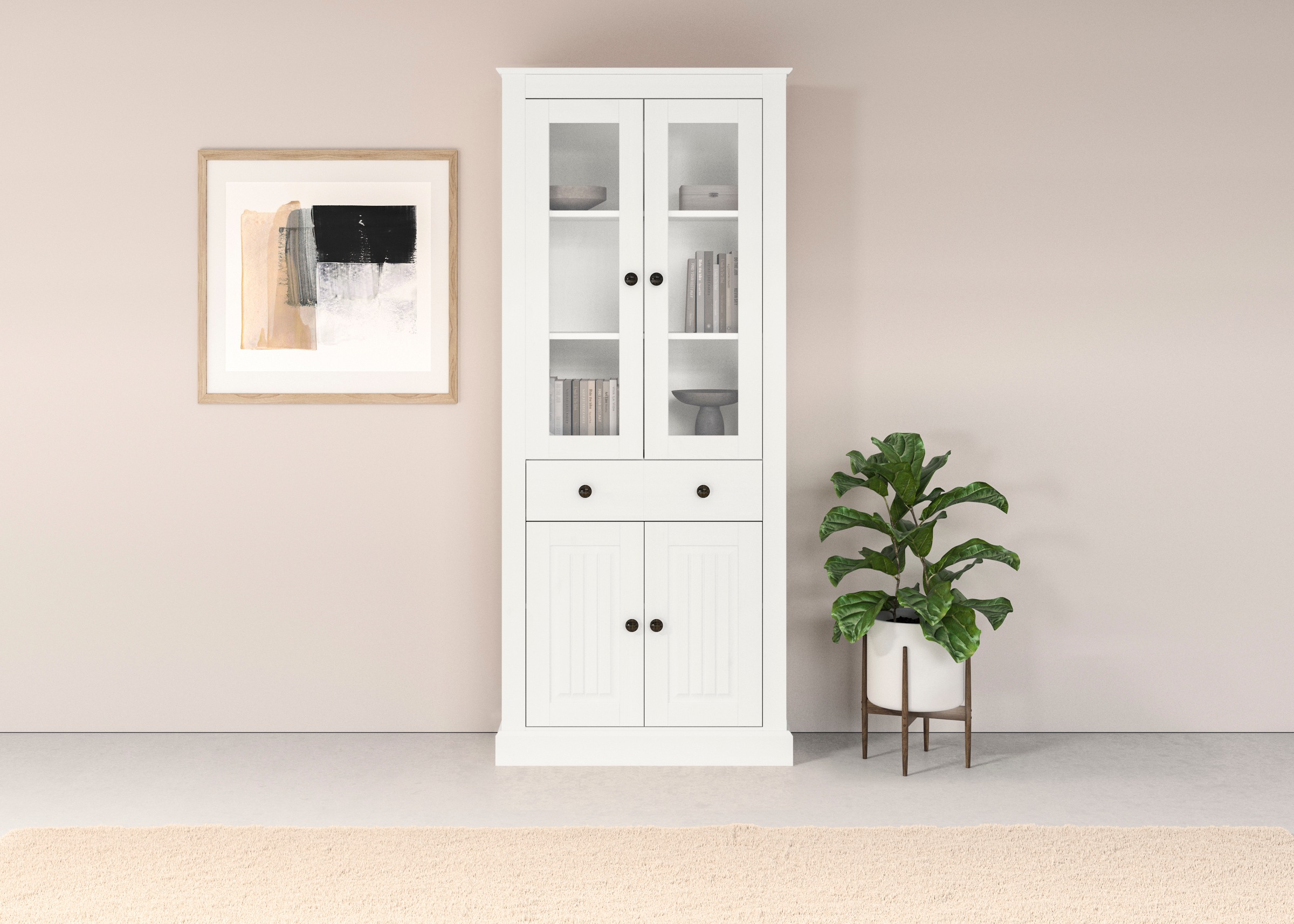 Vitrine OTTO HOME, B:77cm H:181cm T:31cm, weiß, Massivholz, Wohnzimmer, Schränke, "Liotta", Mit 2 Glastüren und 1 Schublade