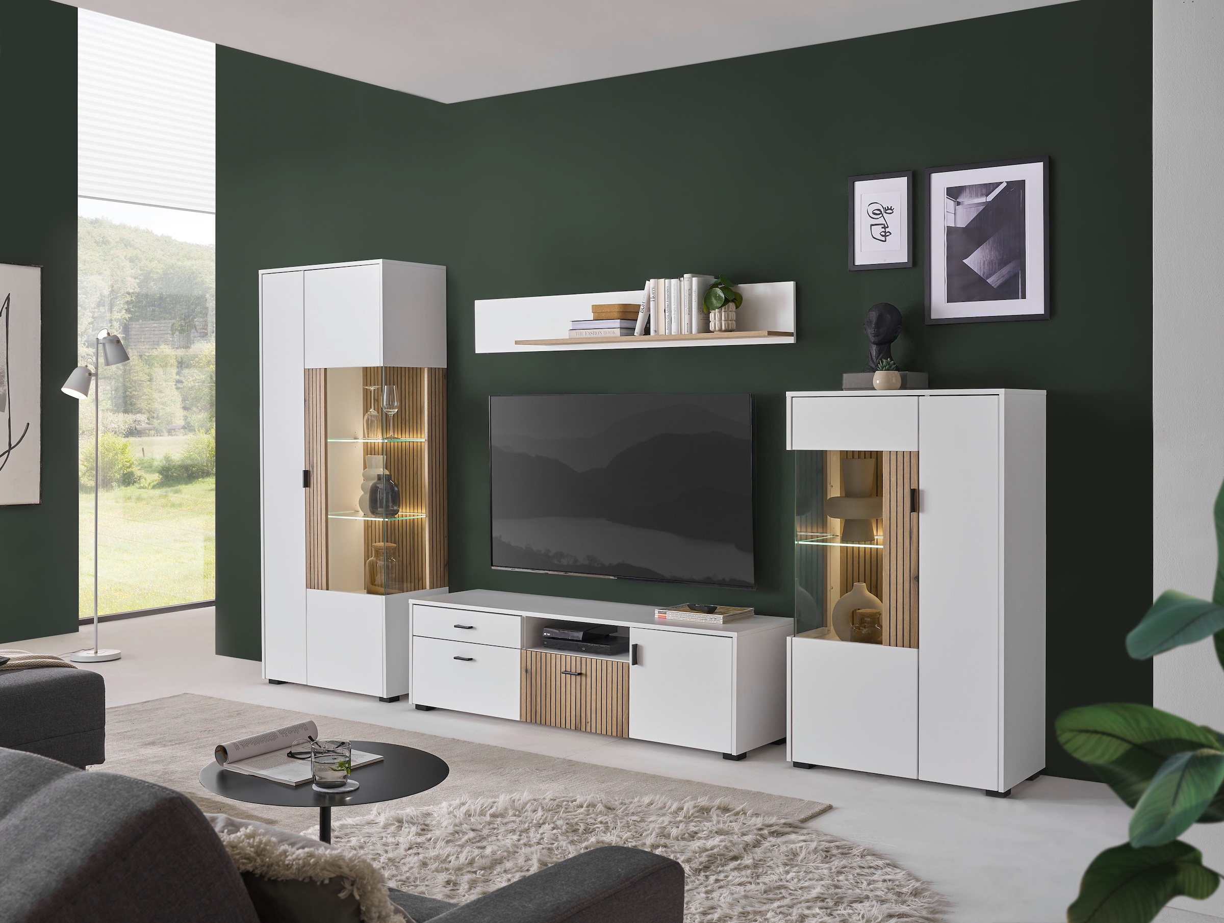 INOSIGN Wohnwand »HUDSON«, (Set, 4 St.), mit moderner Rillenoptik, Griffe aus Metall (Schwarz), Breite 320 cm