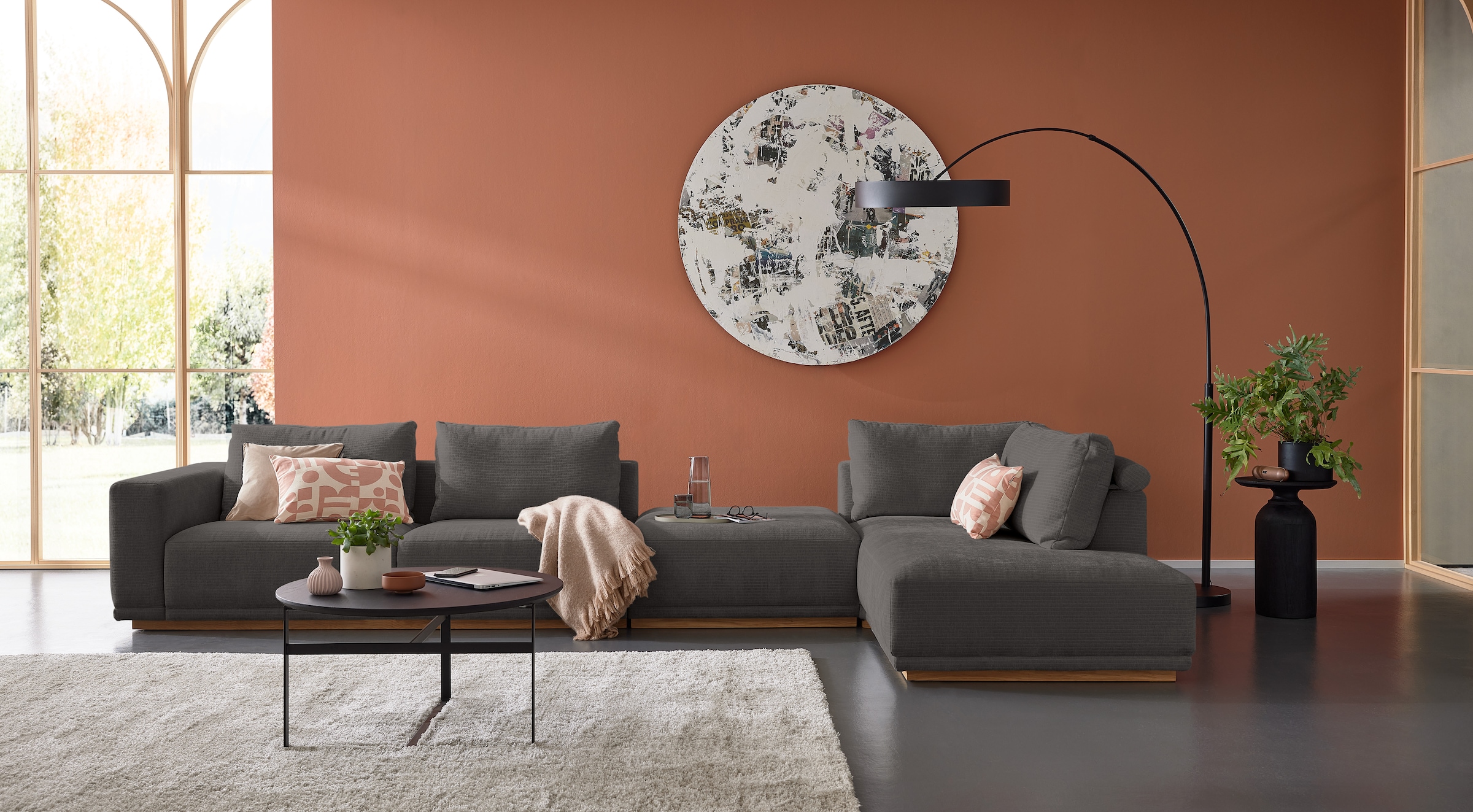 Musterring Wohnlandschaft "JustB PM200 bequem, wahlw. Sitzvorzug, Breite 395cm, Holzsockel" Anreihsofa Armteil links, Eckteil rechts und Hocker. Elekt. Sitzvorzug