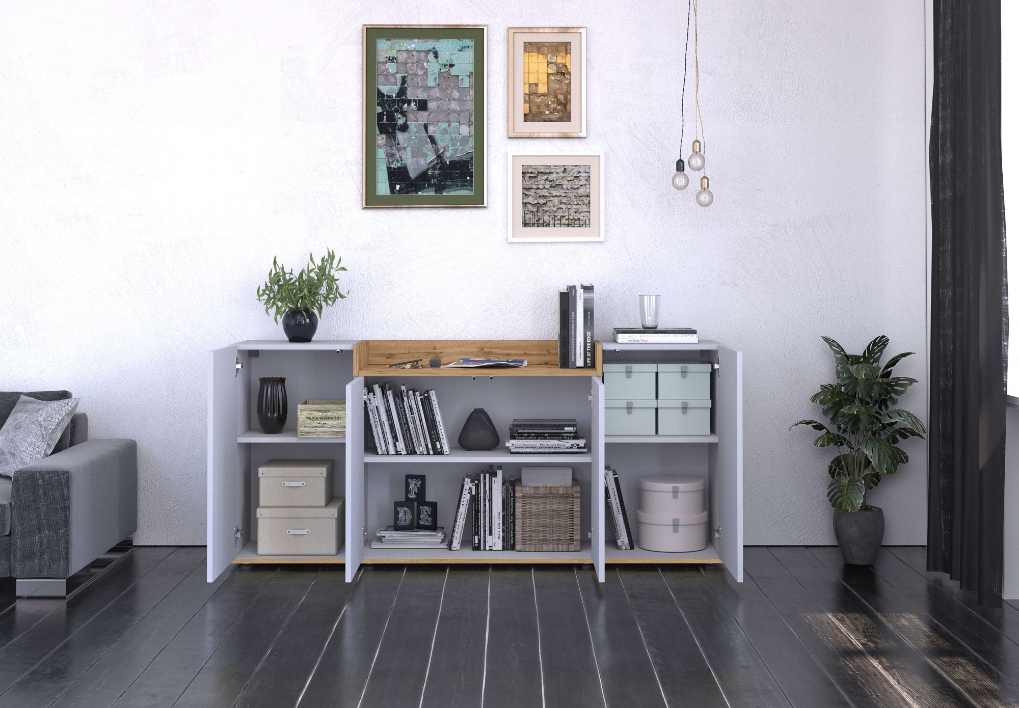 OTTO home Sideboard »BOLSENA, Kommode, Schrank,Lowboard mit 6 Fächer und offenes Ablagefach« 1 Stk. tlg. Breite 160 cm,stehend/hängend,Fronten Hochglanz lackiert,Made in Italy