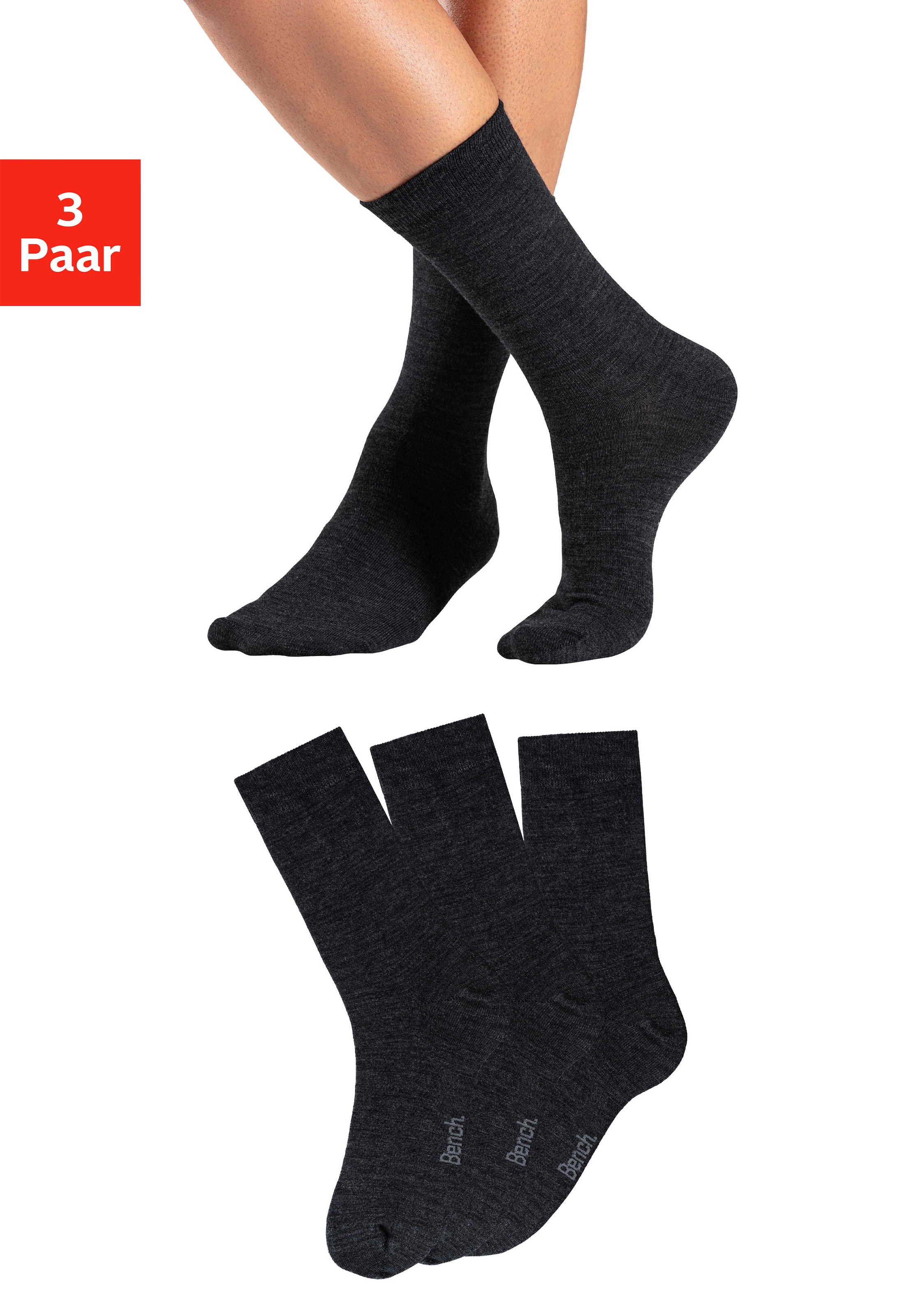 Bench. Socken "Herren Wollsocken, Basic uni" Packung, 3 Stk. tlg. Herrensocken mit wärmender Wolle