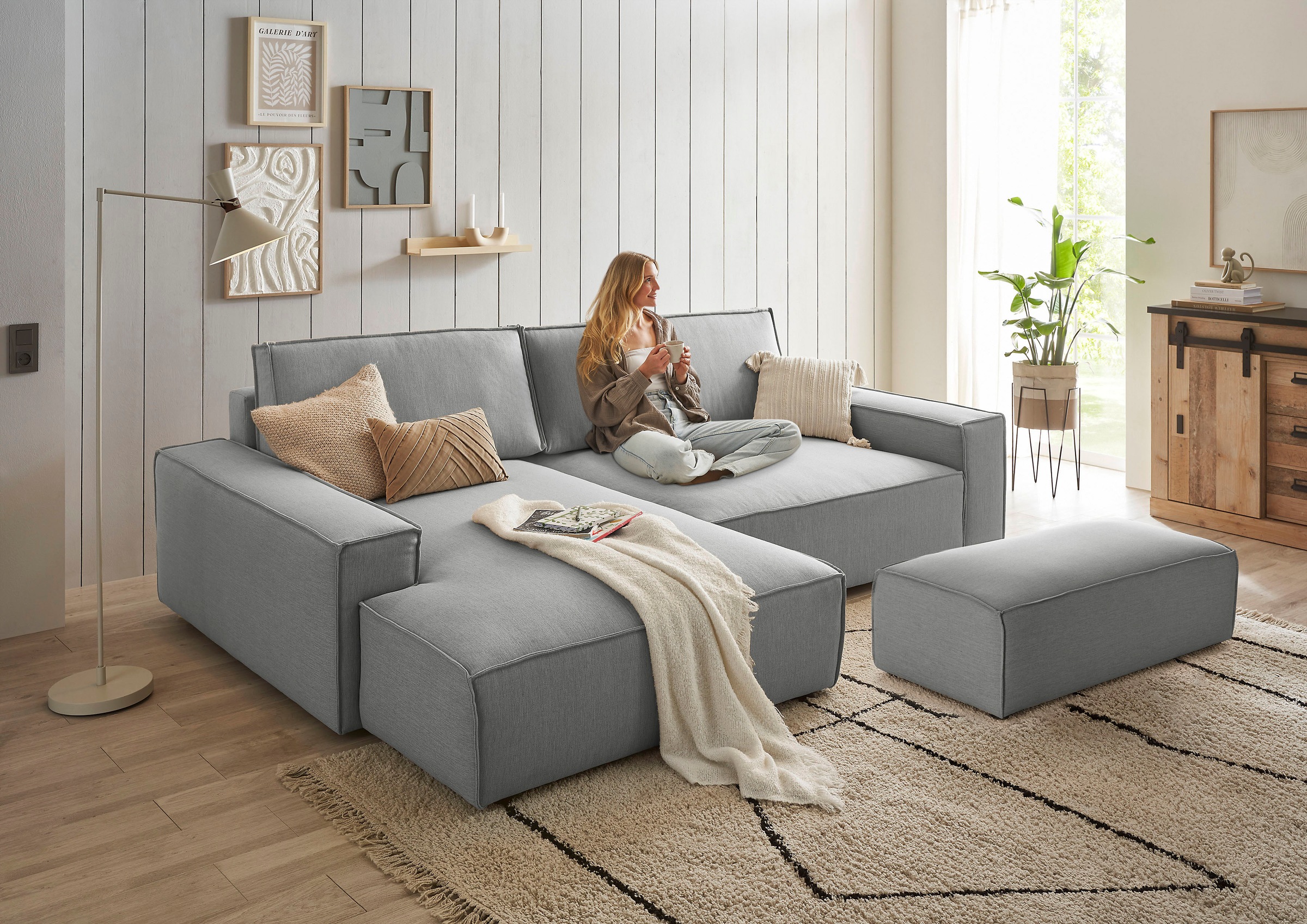 Home affaire Polsterecke »NEU: SHERWOOD XXL tief, L-Form mit Schlaffunktion, Big-Sofa mit Hocker«, (Set, 2 St.), stellbar zum Schlafsofa (Krokodilverbinder), Cord, Leinenoptik