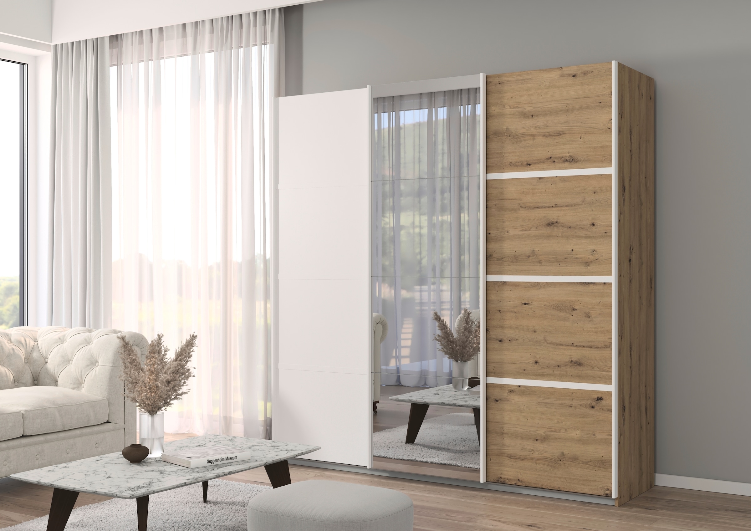 rauch Kleiderschrank »Schwebetürenschrank Garderobe Schrank TOP ANGEBOT Avola«, (in 3 verschiedenen Ausstattungen BASIC/CLASSIC/PREMIUM inkl. Spiegel), mit eleganten Zierleisten in Chrom, Schwarz oder Weiß MADE IN GERMANY