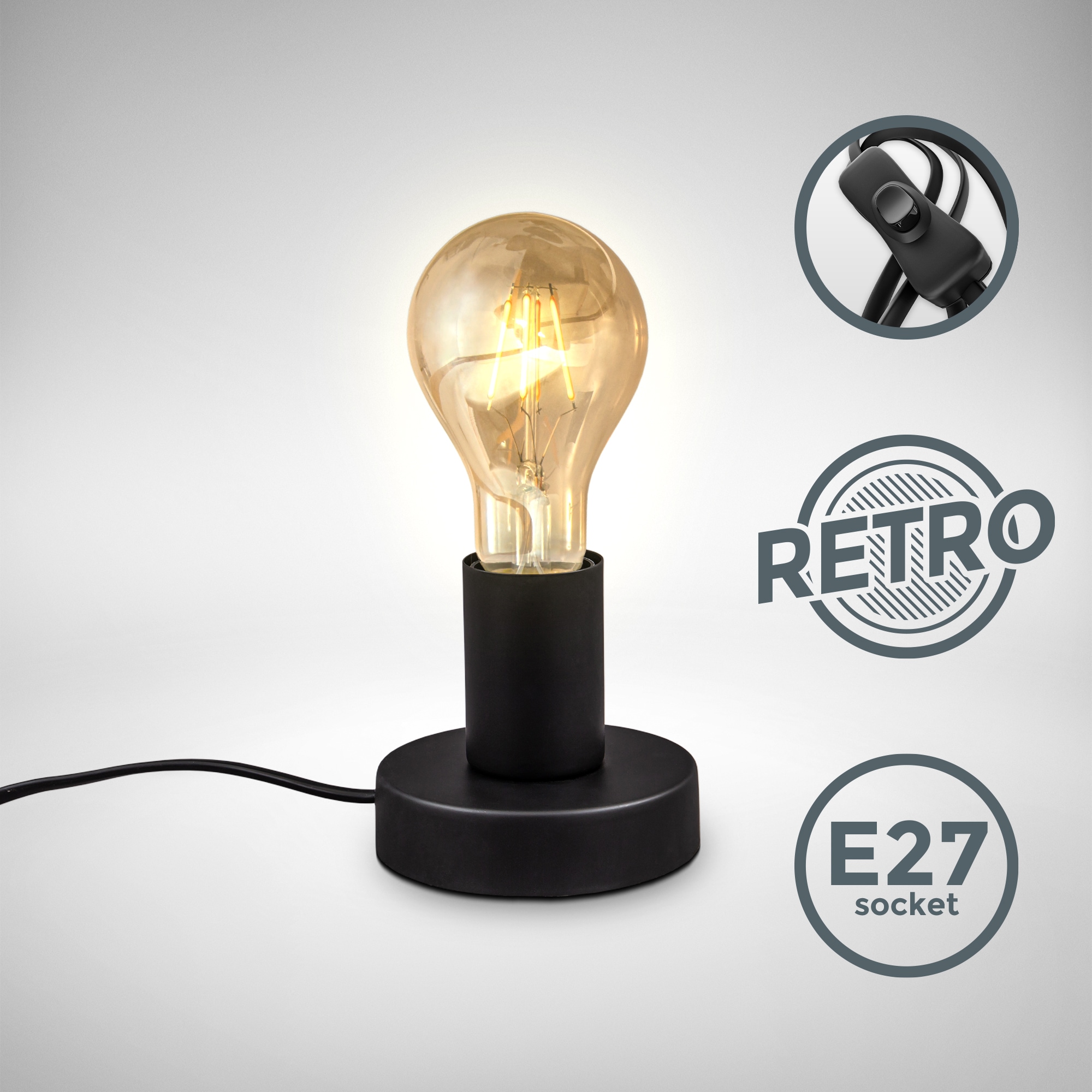 B.K.Licht Tischleuchte, 1 flammig-flammig, BAUR E27, Vintage,Tischlampe, mit matt-schwarz | Kabelschalter, Retro