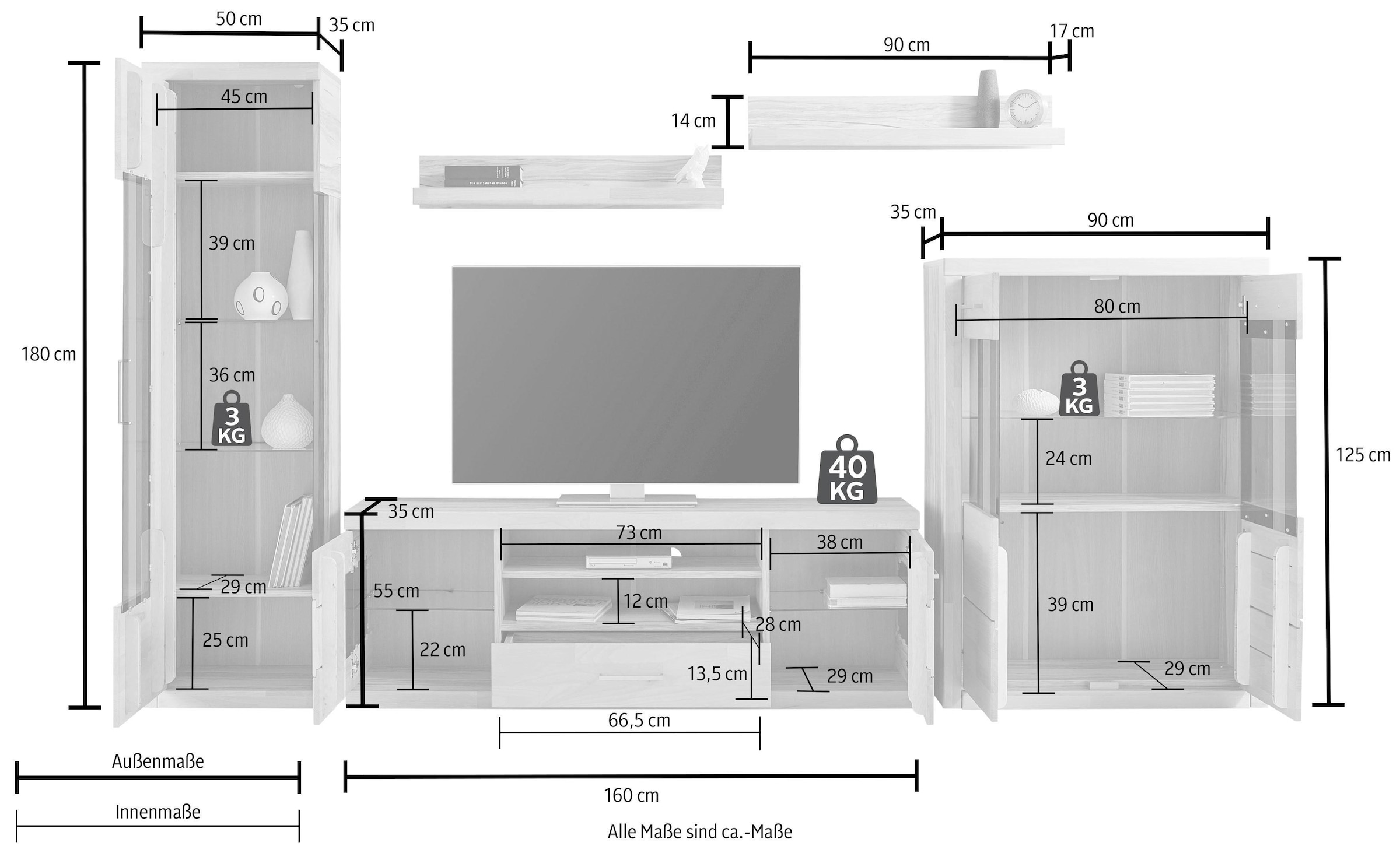 Home affaire Wohnwand »Ribe Wohnwand Set-5 St.« Set, 5 Stk. tlg. Glaseinsatz aus gehärtetem Glas,Böden teilweise versetzbar