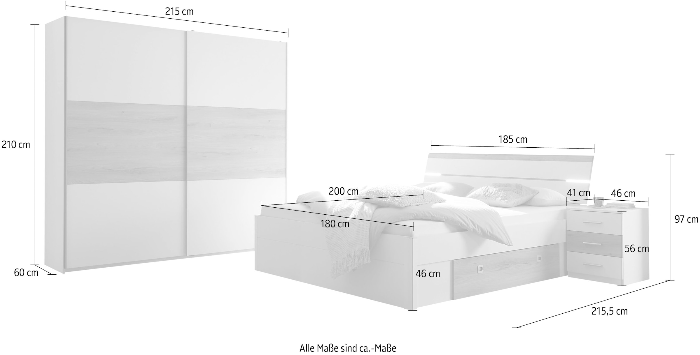 Schlafkontor Schlafzimmer-Set »Kiara Kleiderschrank, Bett, Nachtkommoden, Bettschubkästen«, (Set), Beleuchtung im Kopfteil, Bett inklusive Bettschubkästen