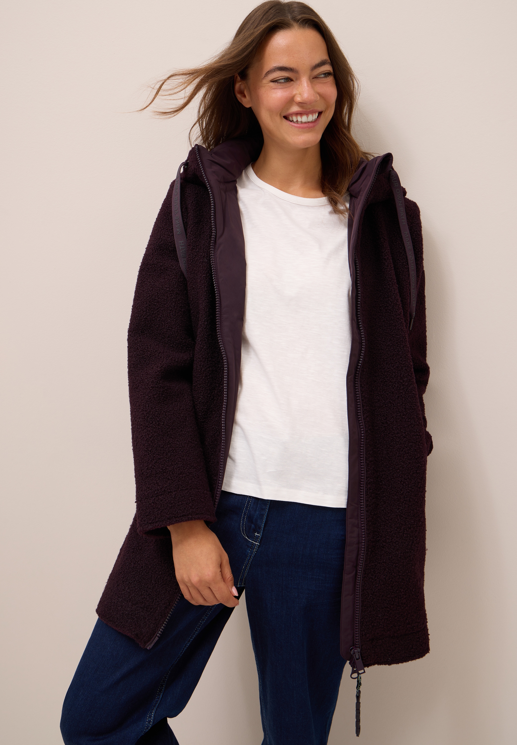 Cecil Fellimitatmantel mit Kapuze mit Tunnelzugband