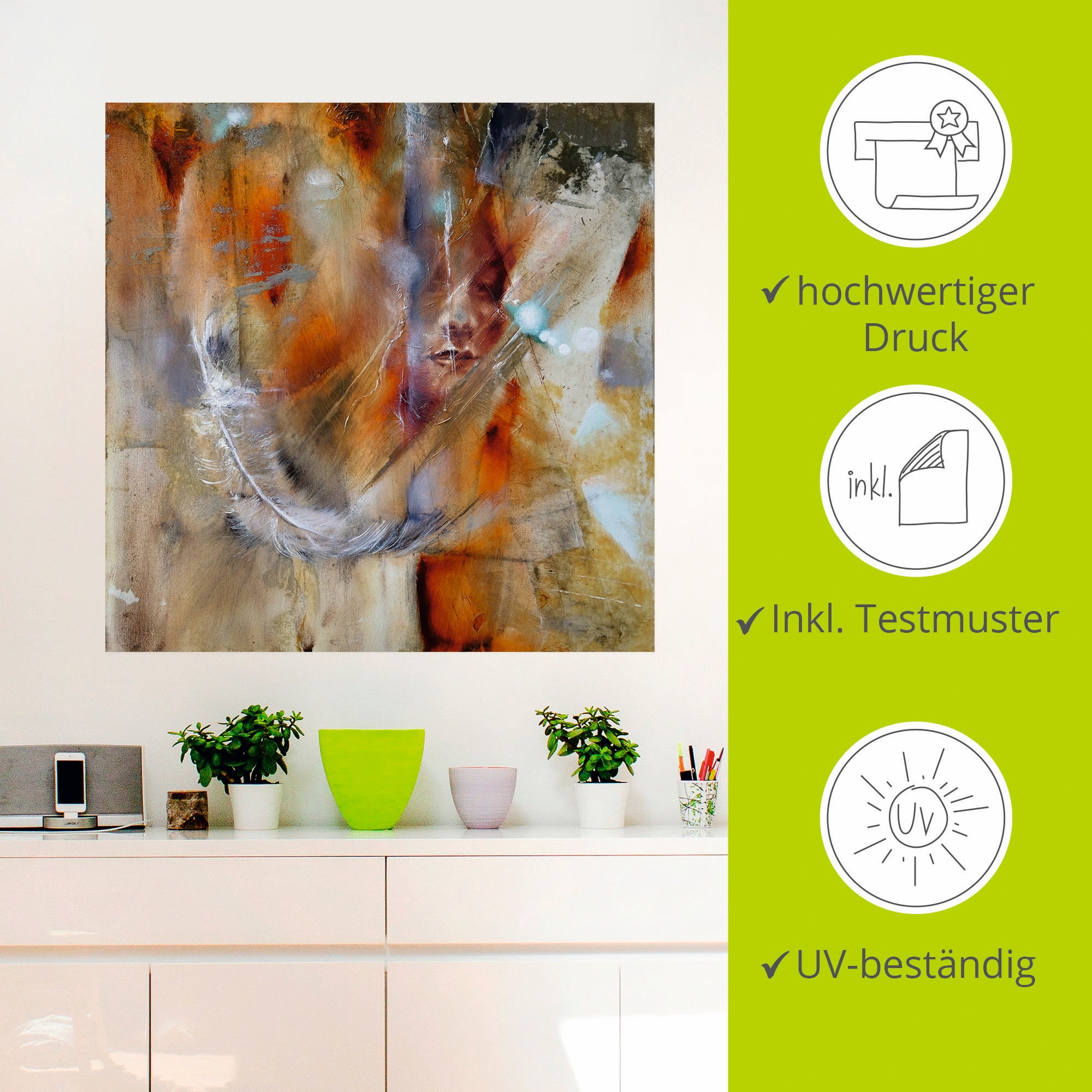 Artland Wandbild »Cora mit Feder«, Frau, (1 St.), als Alubild, Outdoorbild, Leinwandbild, Poster, Wandaufkleber