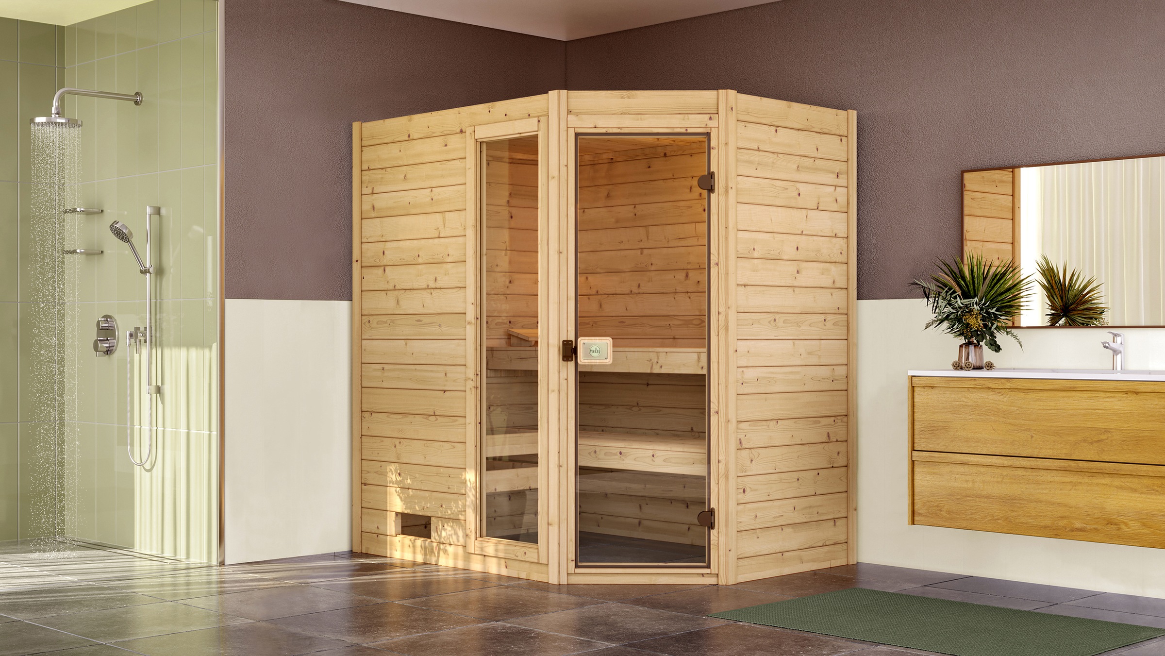 weka Sauna »Massivholzsauna VALIDA Eck 1«, Blockbohlen, Fensterelement, moderne Glastür