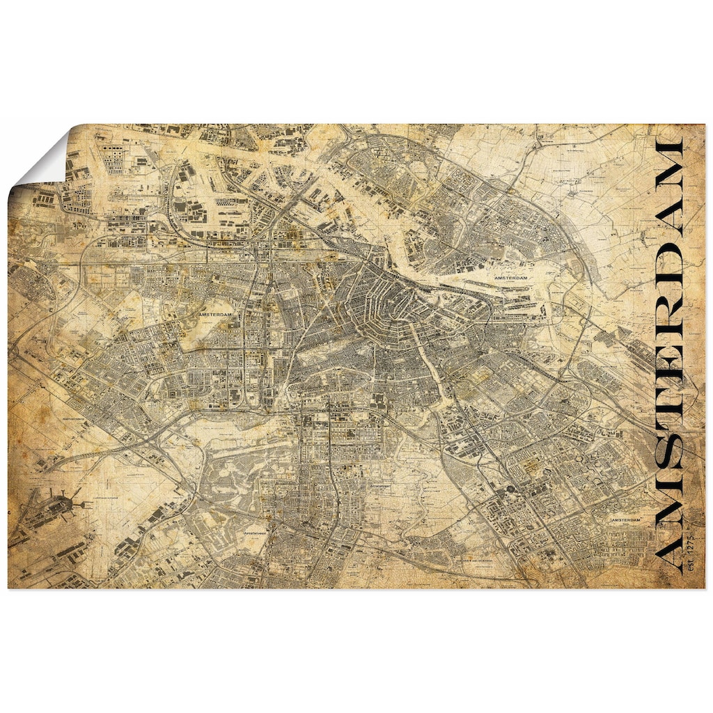 Artland Poster »Amsterdam Karte Straßen Karte Sepia«, Niederlande, (1 St.)