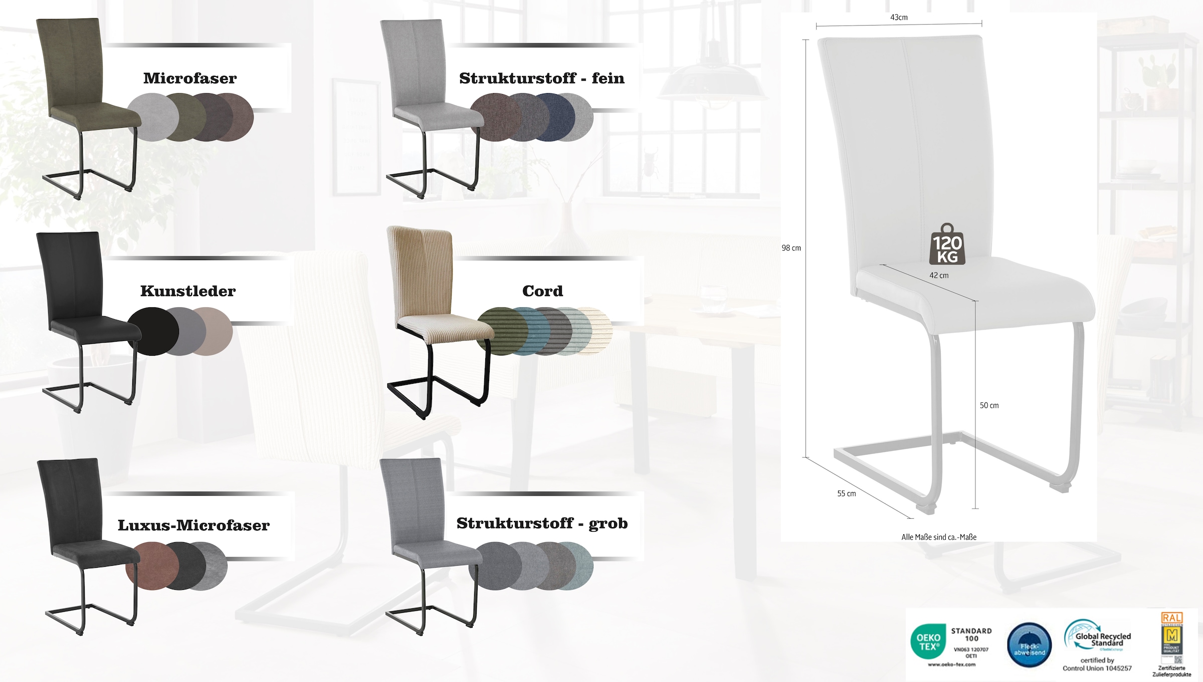 Home affaire Freischwinger »Oliver«, (Set), 2 St., Microfaser, Stuhl belastbar bis 120 Kg