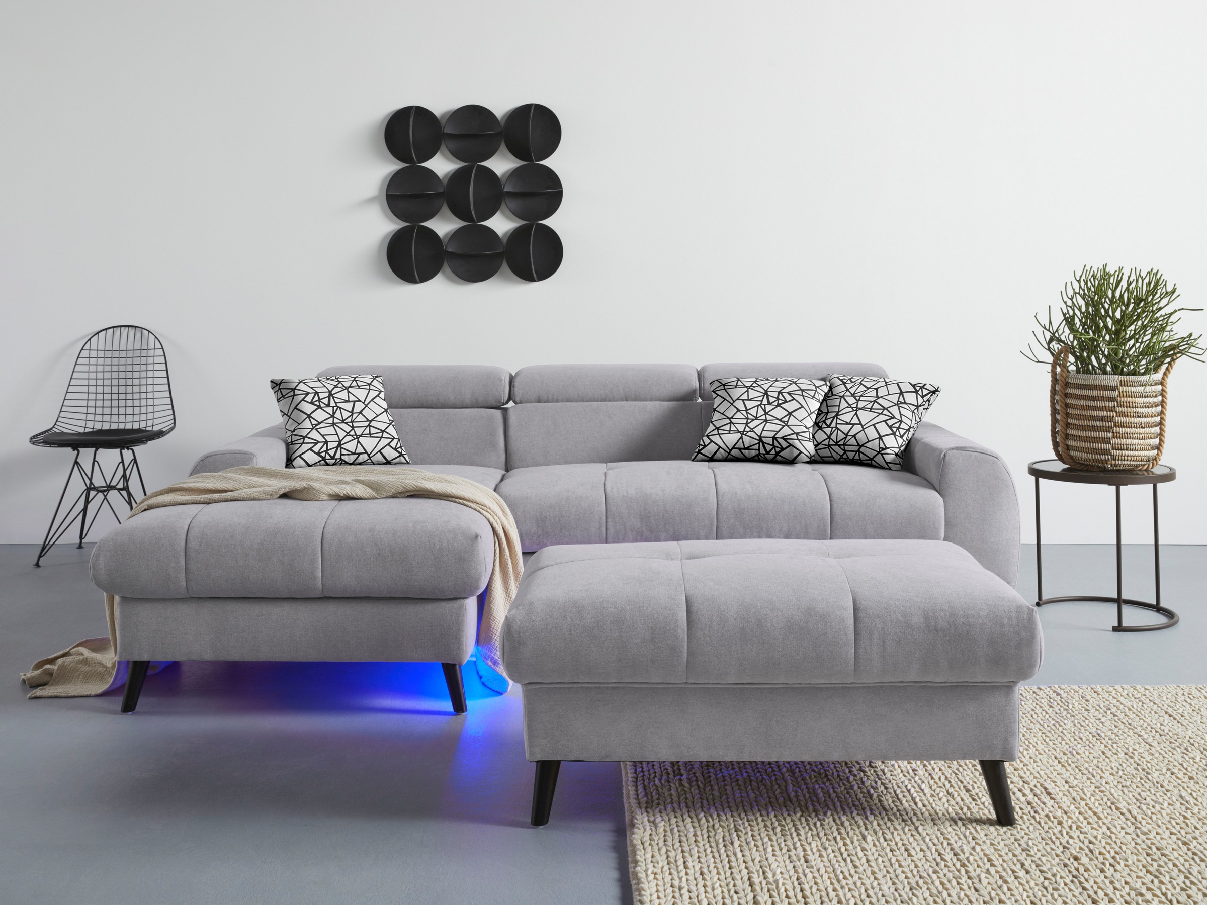 COTTA Ecksofa »Mia L-Form mit 3 Zierkissen«, wahlweise mit Bettfunktion, Bettkasten, Beleuchtung & Wireless-Charger
