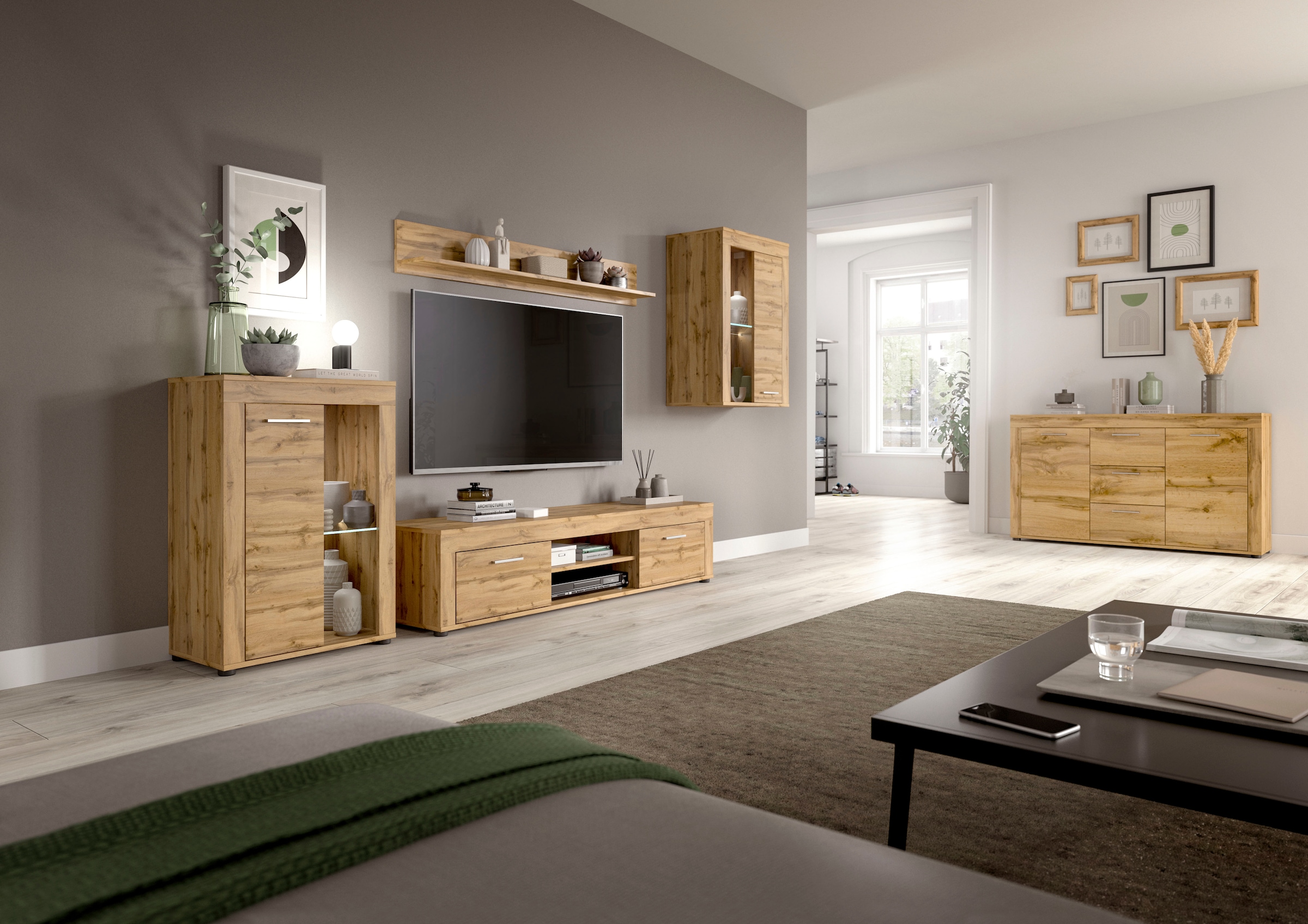 INOSIGN Wohnwand »Aosta, 4-tlg., bestehend aus: 2x Vitrine, Lowboard & Wandboard«, (4 St.), Wohnwand, Kombination, Anbauwand, Möbel Set, Schrankwand, Möbel Kombi