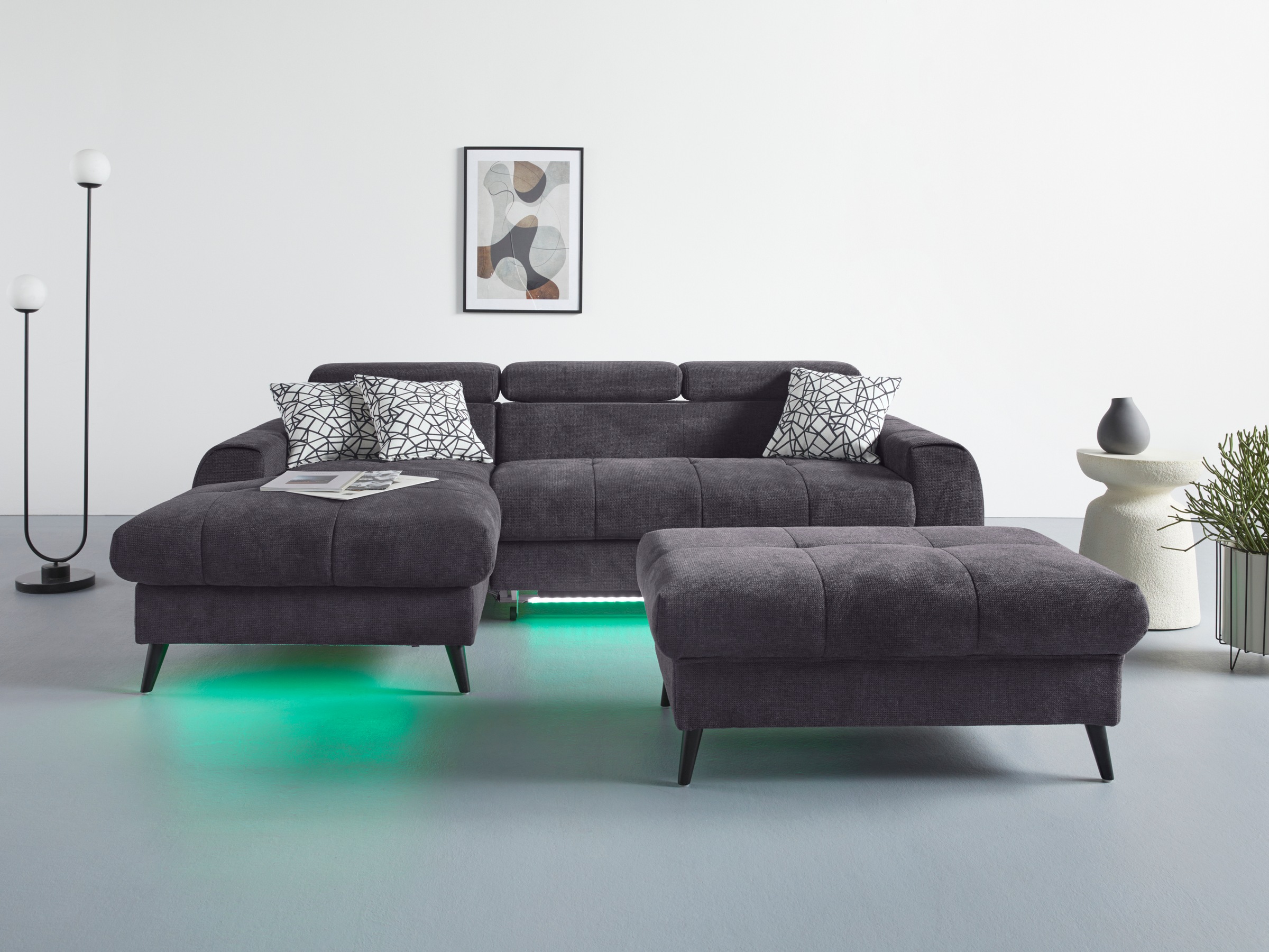 COTTA Ecksofa »Mia L-Form mit 3 Zierkissen«, wahlweise mit Bettfunktion, Bettkasten, Beleuchtung & Wireless-Charger