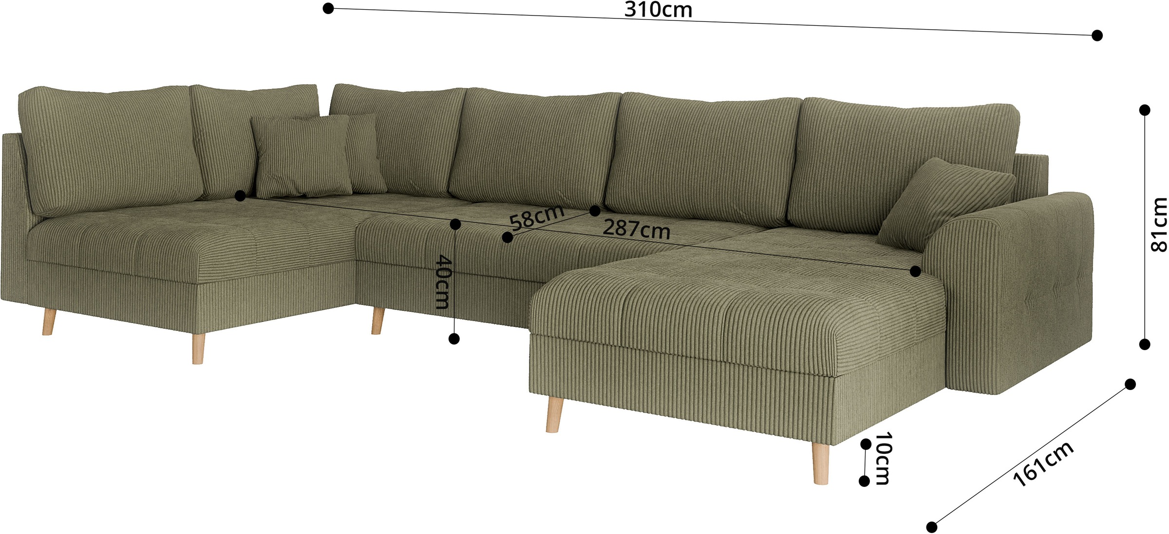Home affaire Wohnlandschaft »CHARRE U-Form mit Ottomane, Maße B/T/H: 310/161/81 cm«, feine Steppung, lose Rücken- und Zierkissen, auch in Cord und Bouclé