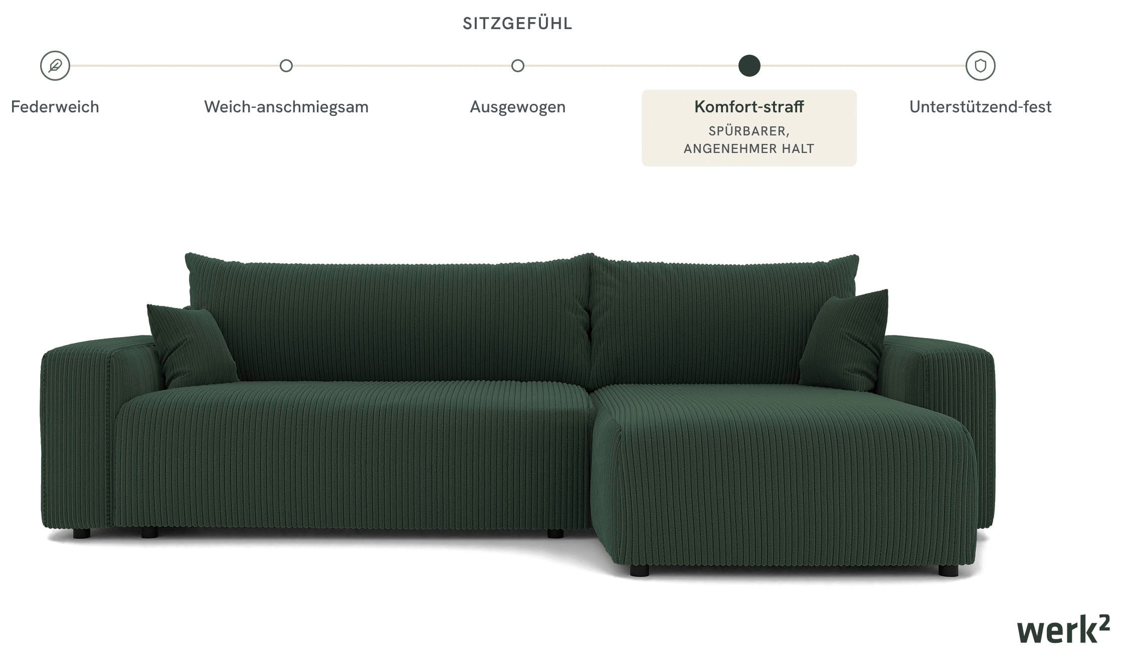 WERK2 Ecksofa »Piano XL Cord Sofa L-Form, Schlaffunktion & Bettkasten, 278 cm breit« Ottomane beidseitig montierbar, lose Rückenkissen & 2 Zierkissen