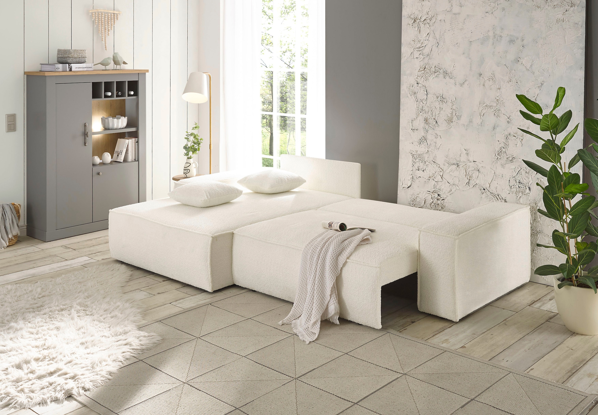 andas Ecksofa »Finnley Schlafsofa 267 cm in Bouclé, Struktur fein u. Cord, L-Form,«, Schlaffunktion m. Bettkasten (136/210 cm), Bouclé, Struktur und Cord