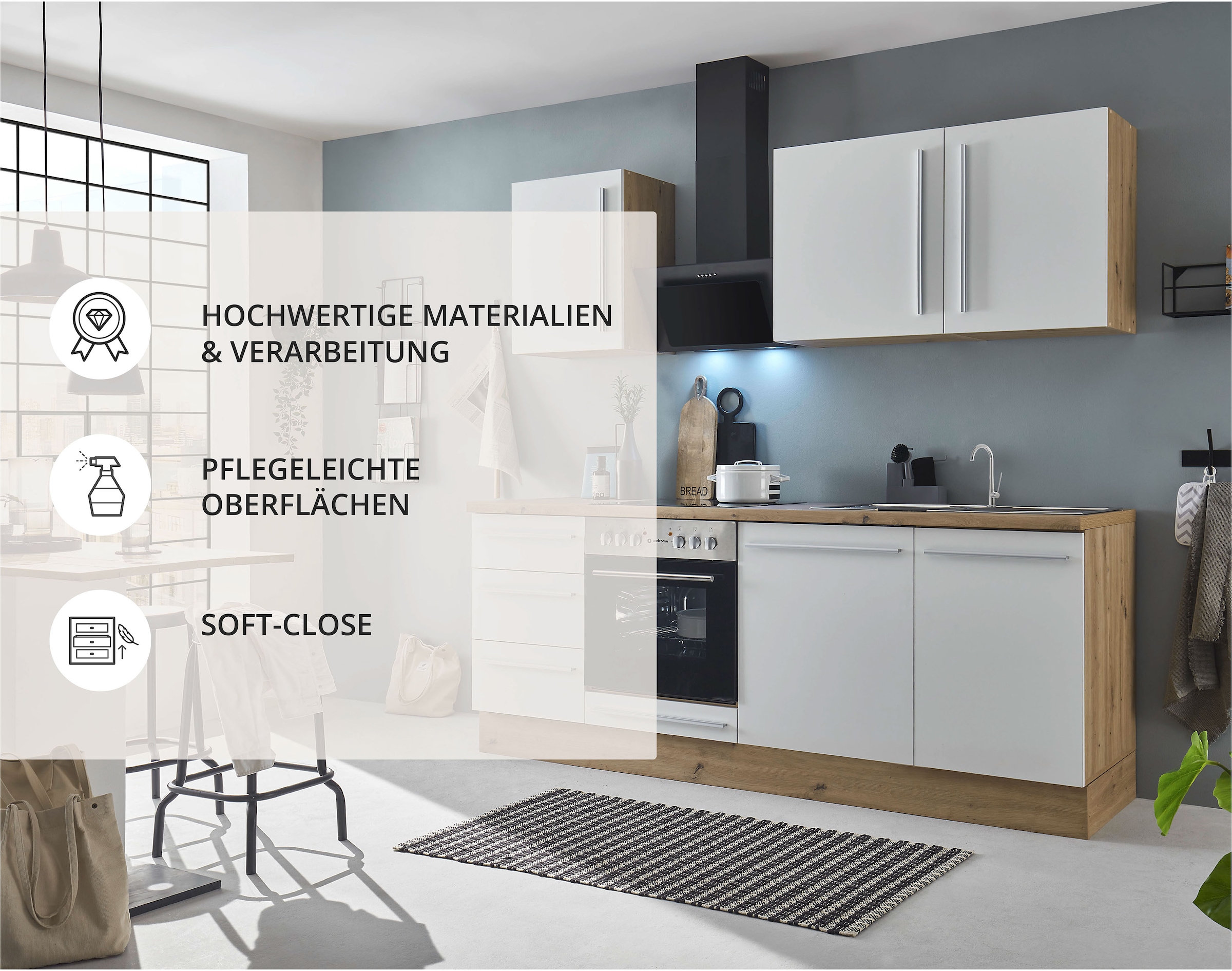 KOCHSTATION Küchenzeile »KS-Florida mit 38mm starker Arbeitsplatte«, Breite 220 cm, wahlweise mit E-Geräten, Soft-Close-Funktion