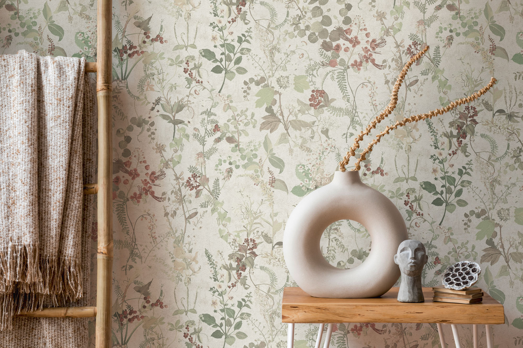 A.S. Création Vliestapete "THE BOS Landhaus Blumentapete" gemustert matt neutral strukturiert Pflanzen Floral Tapeten Wohnzimmer Schlafzimmer Küche Design Optik