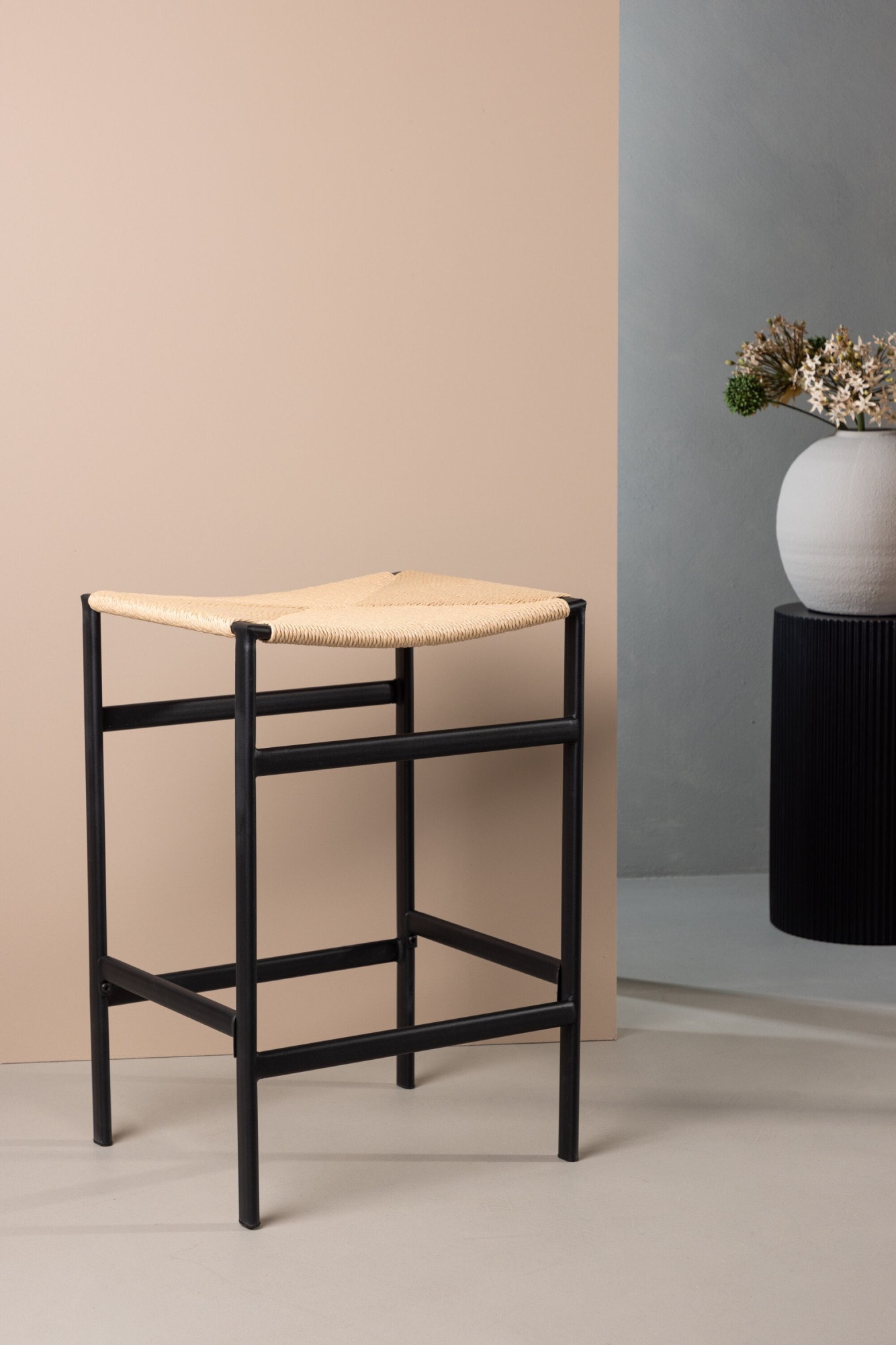 Venture Home Barhocker »Polly, 2er-Set Barhocker mit Seil-Sitz, Stahlbeine, 120 kg« Set, 2 Stk. tlg. Tresenstuhl, Geflecht, Gummibaumholz, Stahlrahmen, Boho